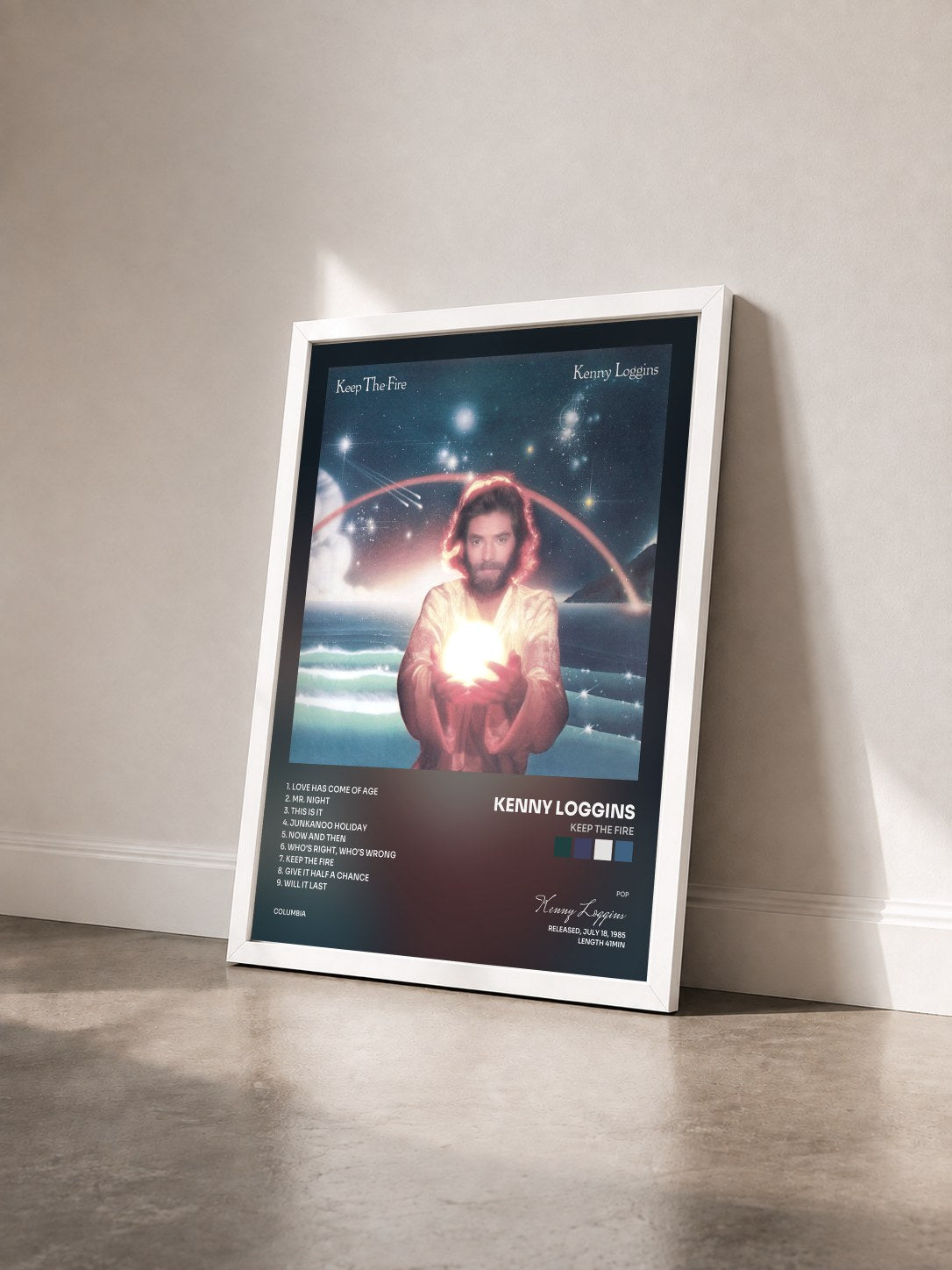#blanc Tableau de l'album Keep The Fire de Kenny Loggins vu de trois quarts, cadre blanc