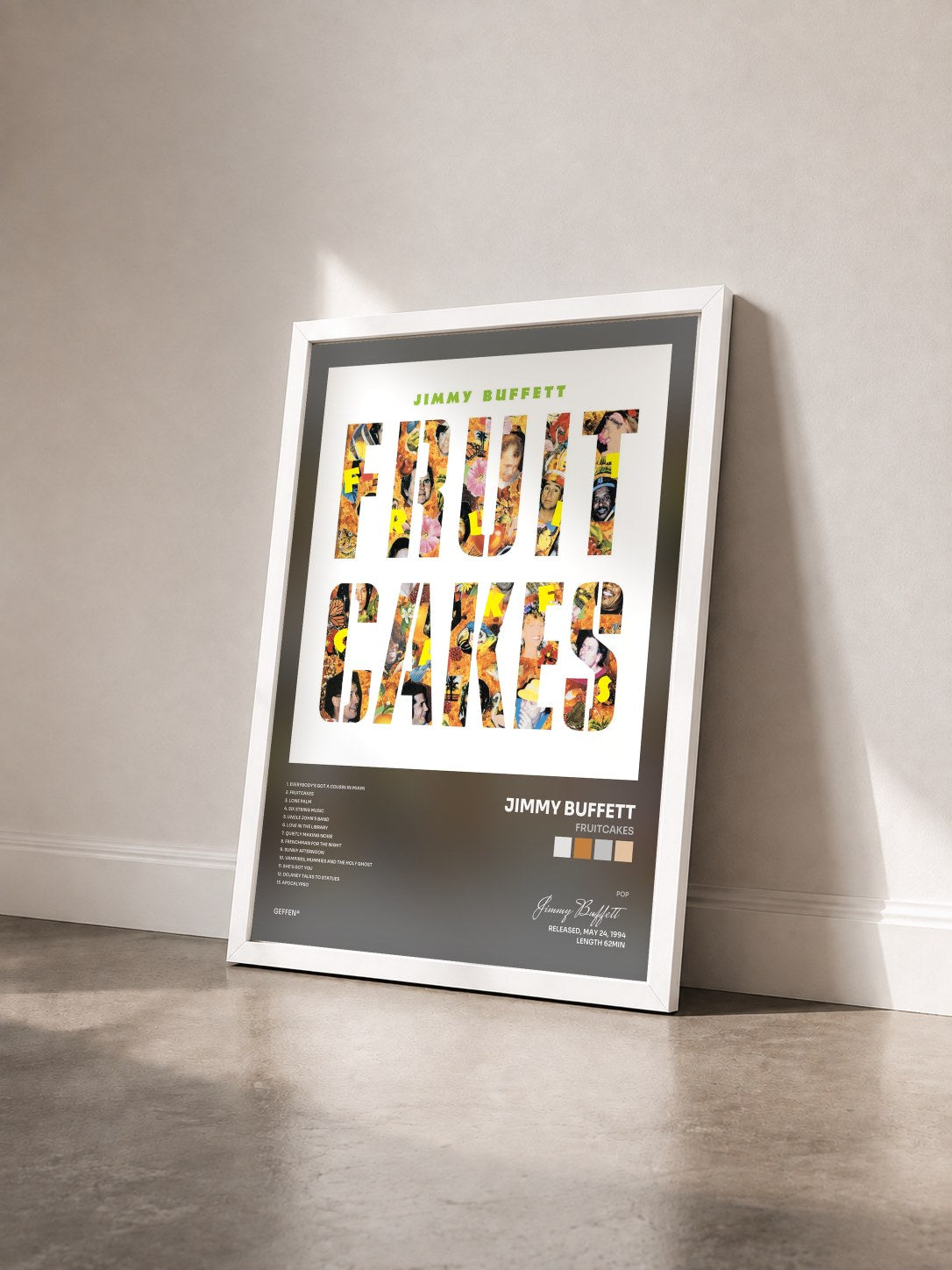 #blanc Tableau de l'album Fruitcakes de Jimmy Buffett vu de trois quarts, cadre blanc