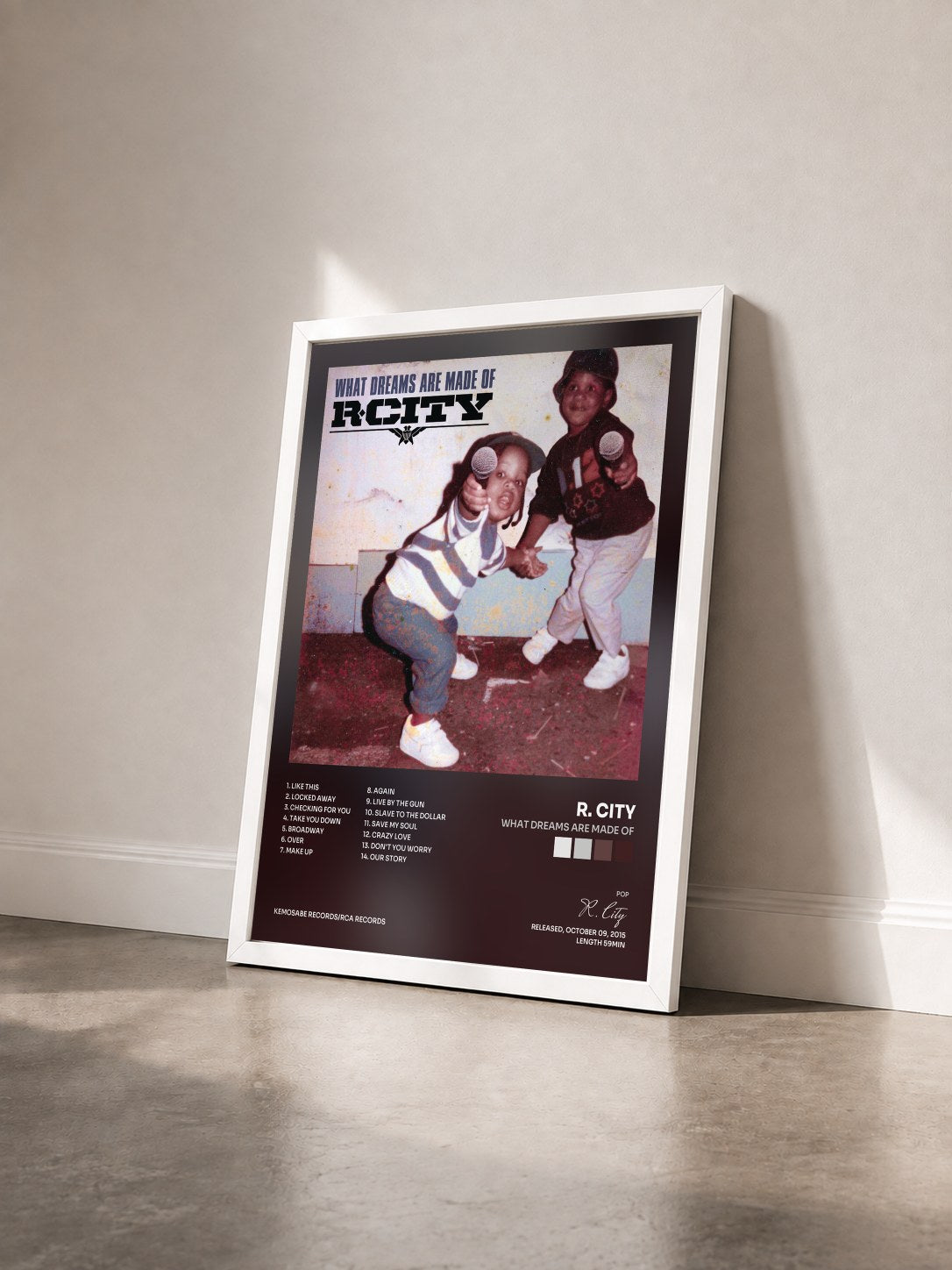 #blanc Tableau de l'album What Dreams Are Made Of de R. City vu de trois quarts, cadre blanc