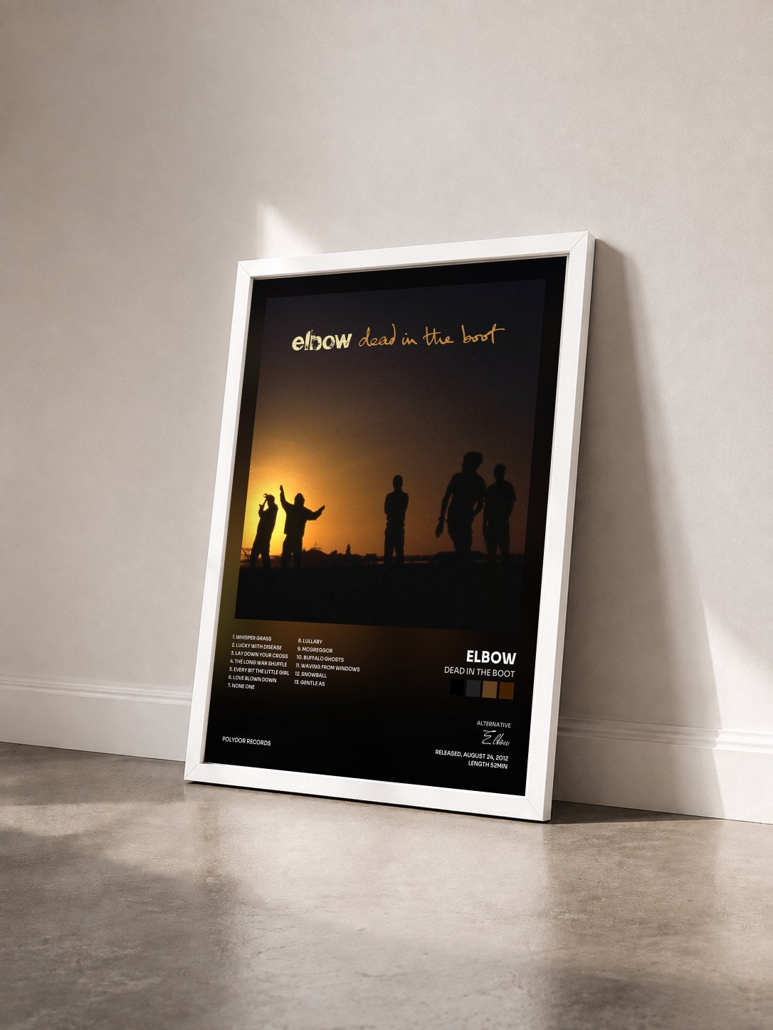 #blanc Tableau de l'album dead in the boot de Elbow vu de trois quarts, cadre blanc