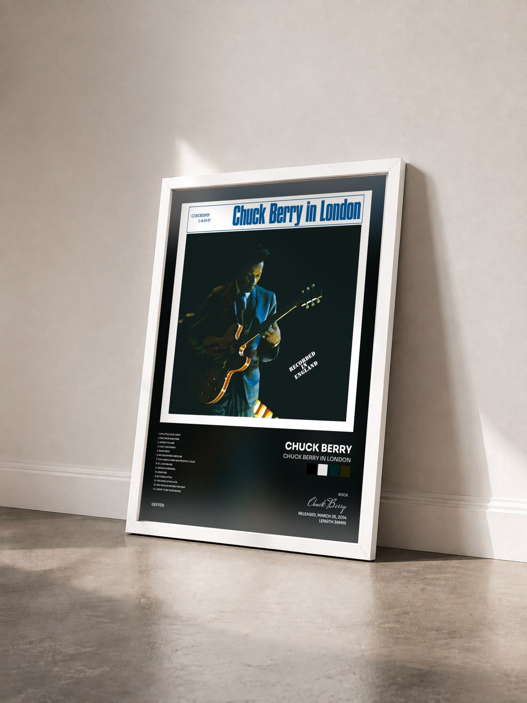 #blanc Tableau de l'album Chuck Berry In London de Chuck Berry vu de trois quarts, cadre blanc