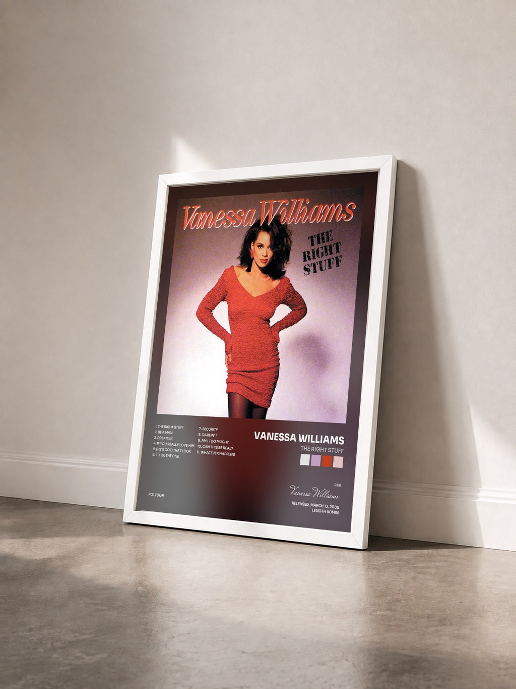 #blanc Tableau de l'album The Right Stuff de Vanessa Williams vu de trois quarts, cadre blanc