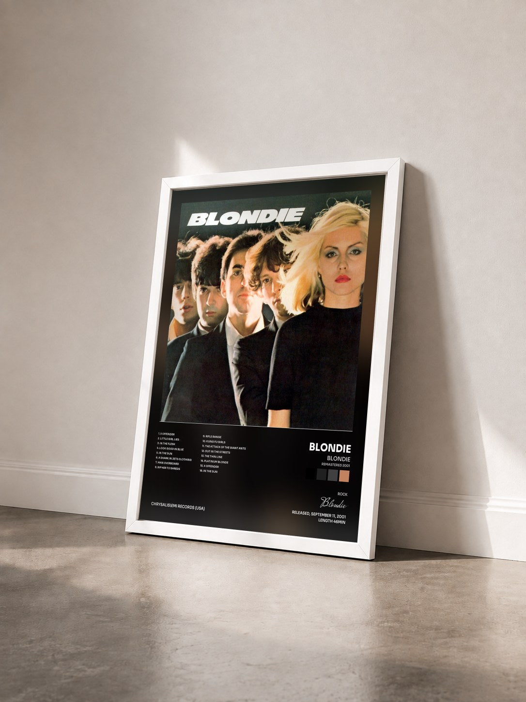 #blanc Tableau de l'album Blondie (Remastered 2001) de Blondie vu de trois quarts, cadre blanc