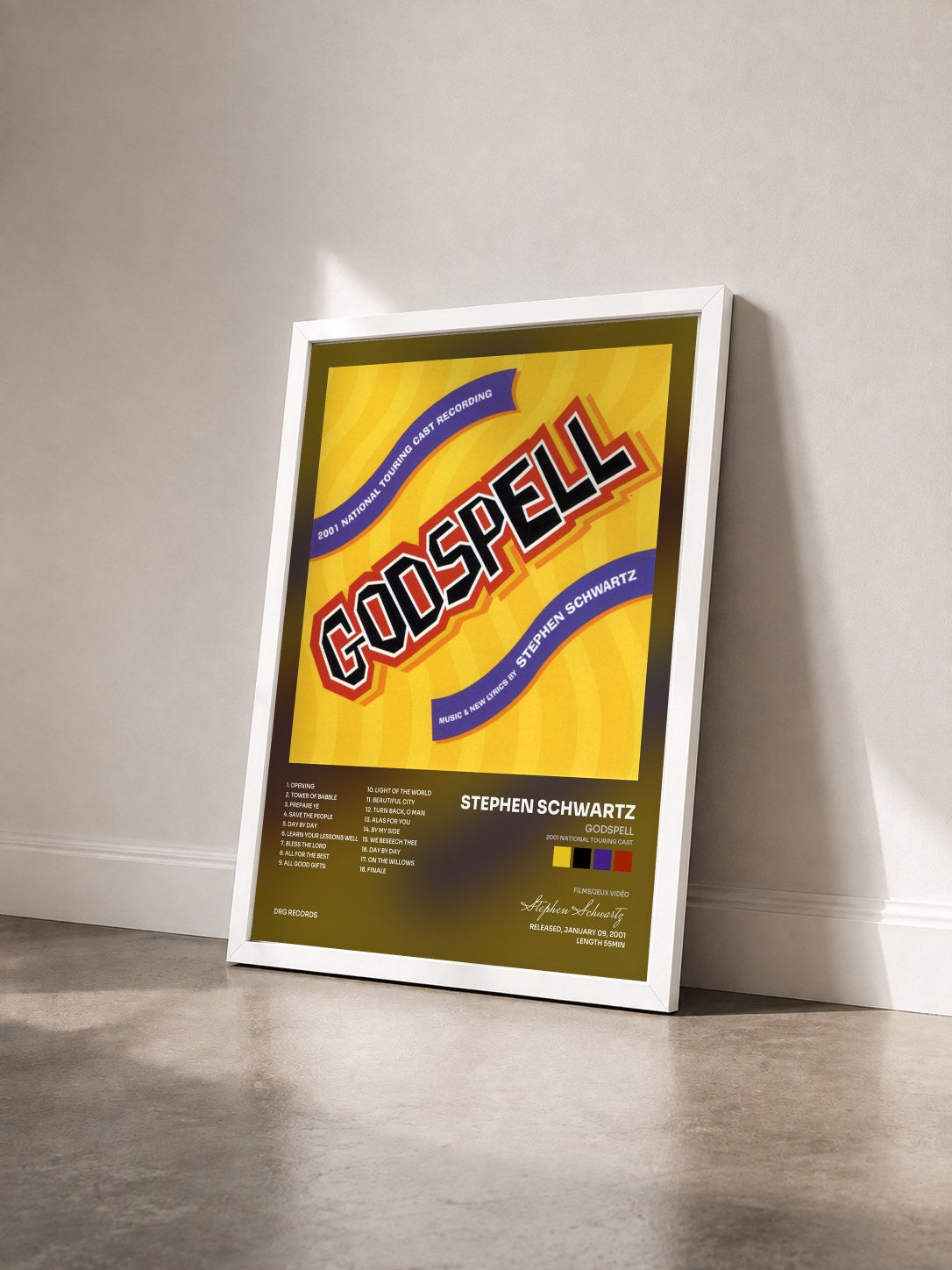 #blanc Tableau de l'album Godspell (2001 National Touring Cast) de Stephen Schwartz vu de trois quarts, cadre blanc