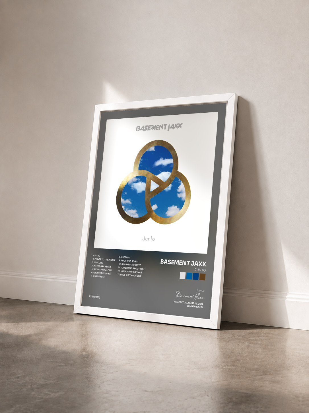 #blanc Tableau de l'album Junto de Basement Jaxx vu de trois quarts, cadre blanc