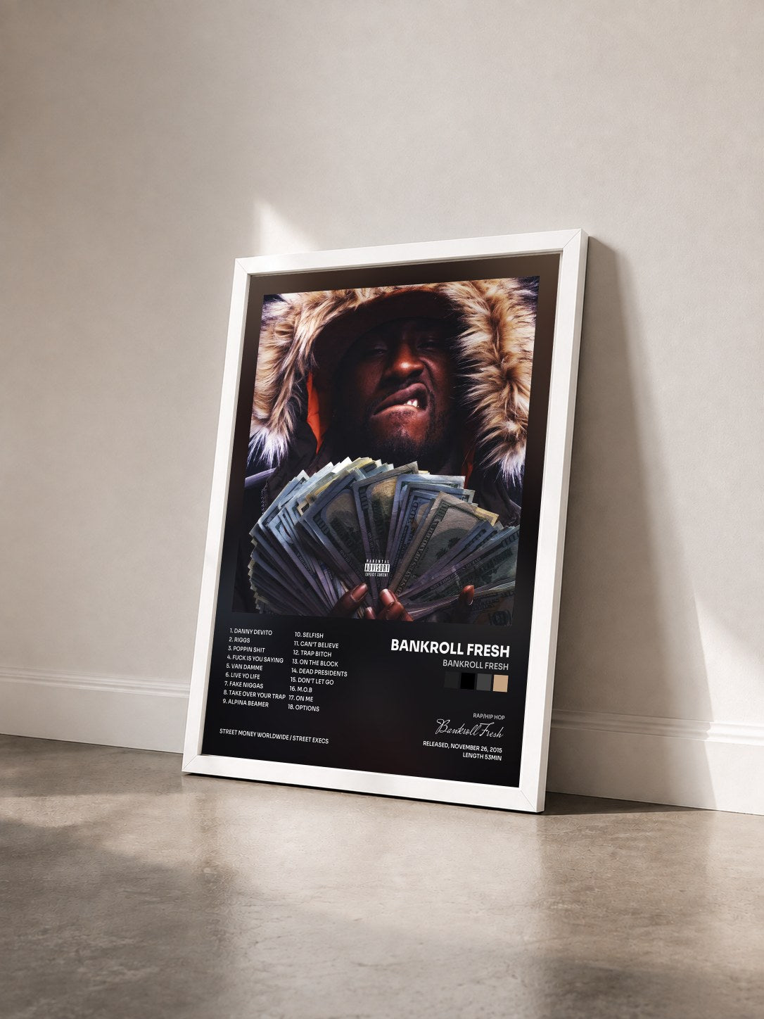 #blanc Tableau de l'album Bankroll Fresh de Bankroll Fresh vu de trois quarts, cadre blanc