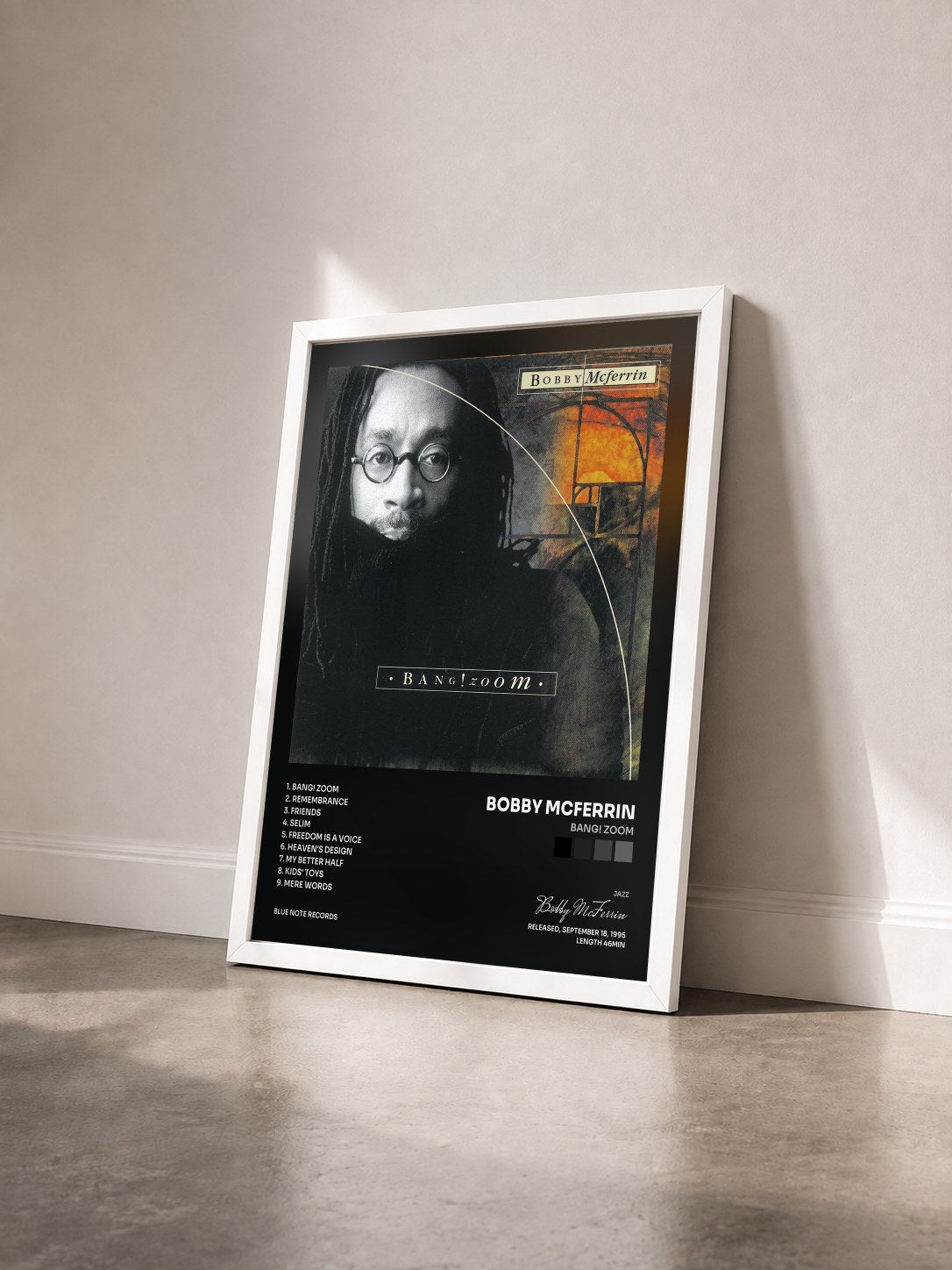 #blanc Tableau de l'album Bang! Zoom de Bobby McFerrin vu de trois quarts, cadre blanc