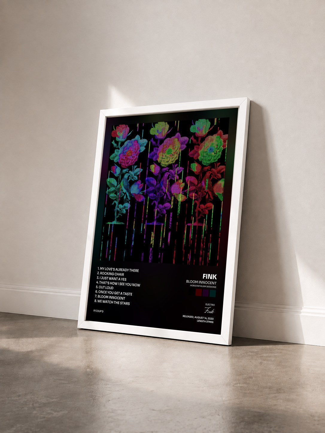 #blanc Tableau de l'album Bloom Innocent (Horizontalism Sessions) de Fink vu de trois quarts, cadre blanc
