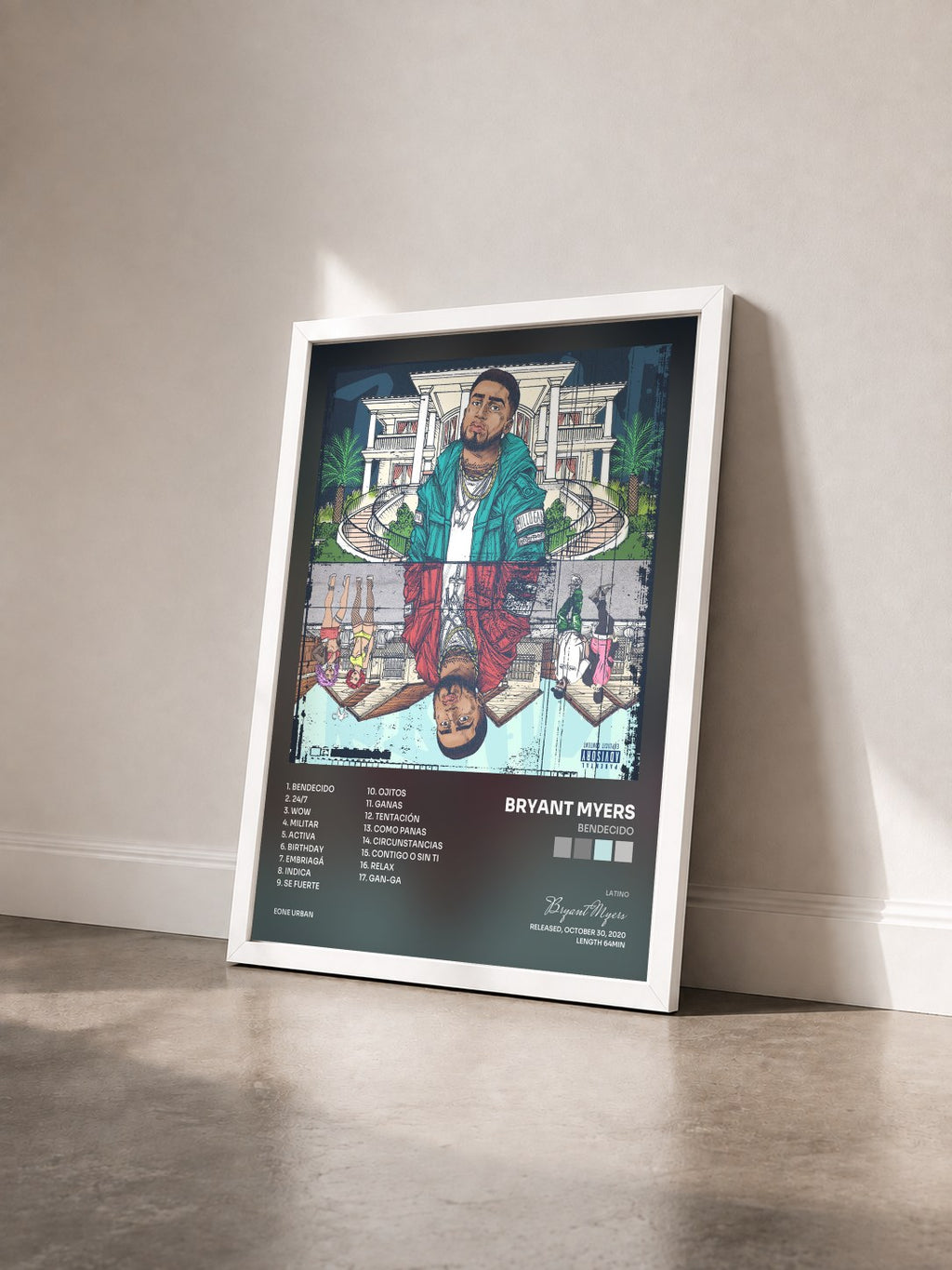 #blanc Tableau de l'album Bendecido de Bryant Myers vu de trois quarts, cadre blanc