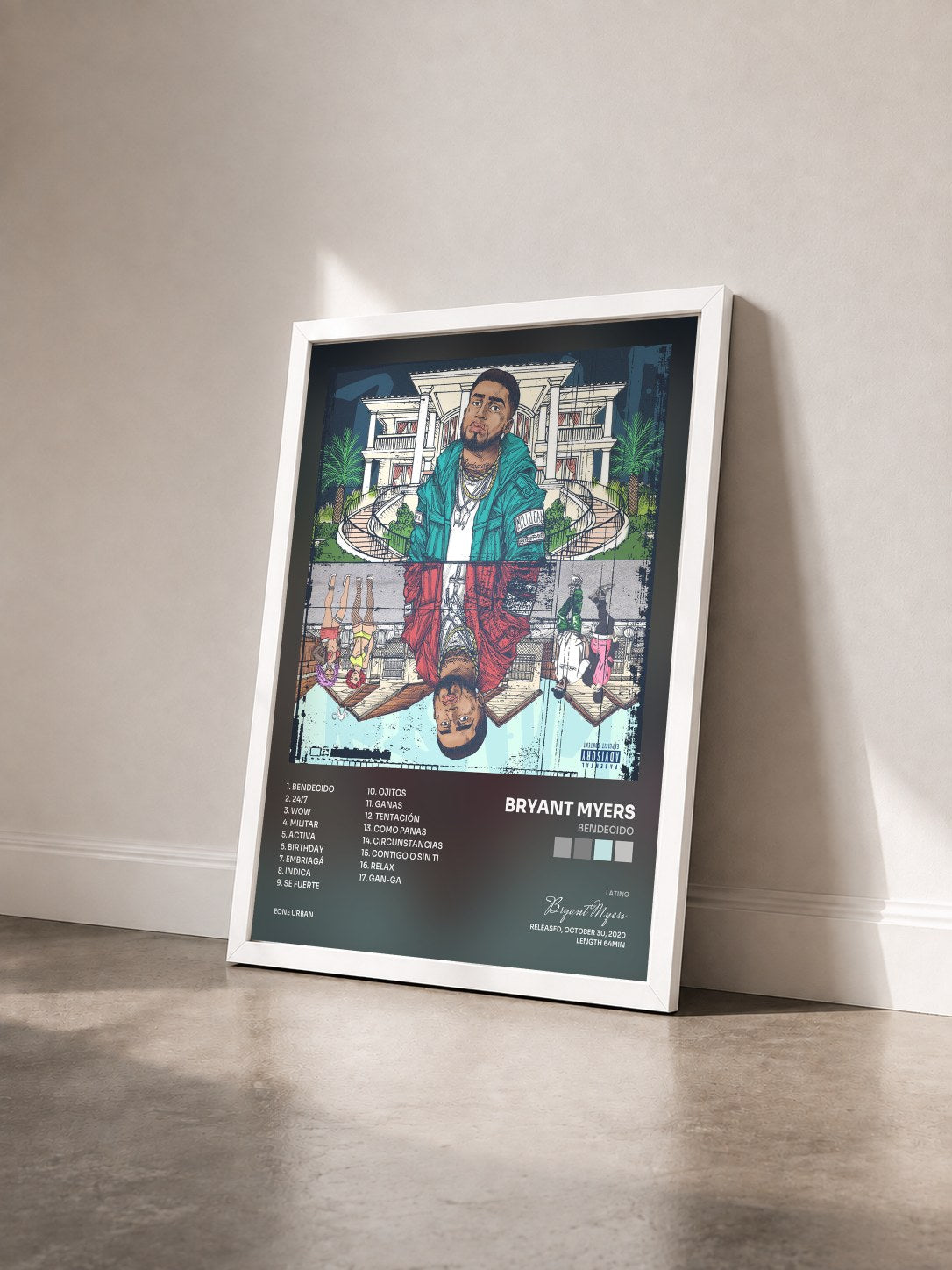 #blanc Tableau de l'album Bendecido de Bryant Myers vu de trois quarts, cadre blanc