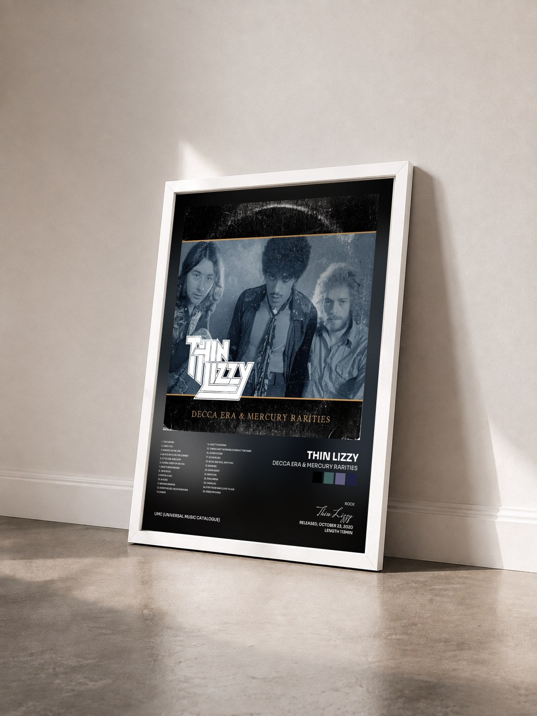 #blanc Tableau de l'album Decca Era & Mercury Rarities de Thin Lizzy vu de trois quarts, cadre blanc