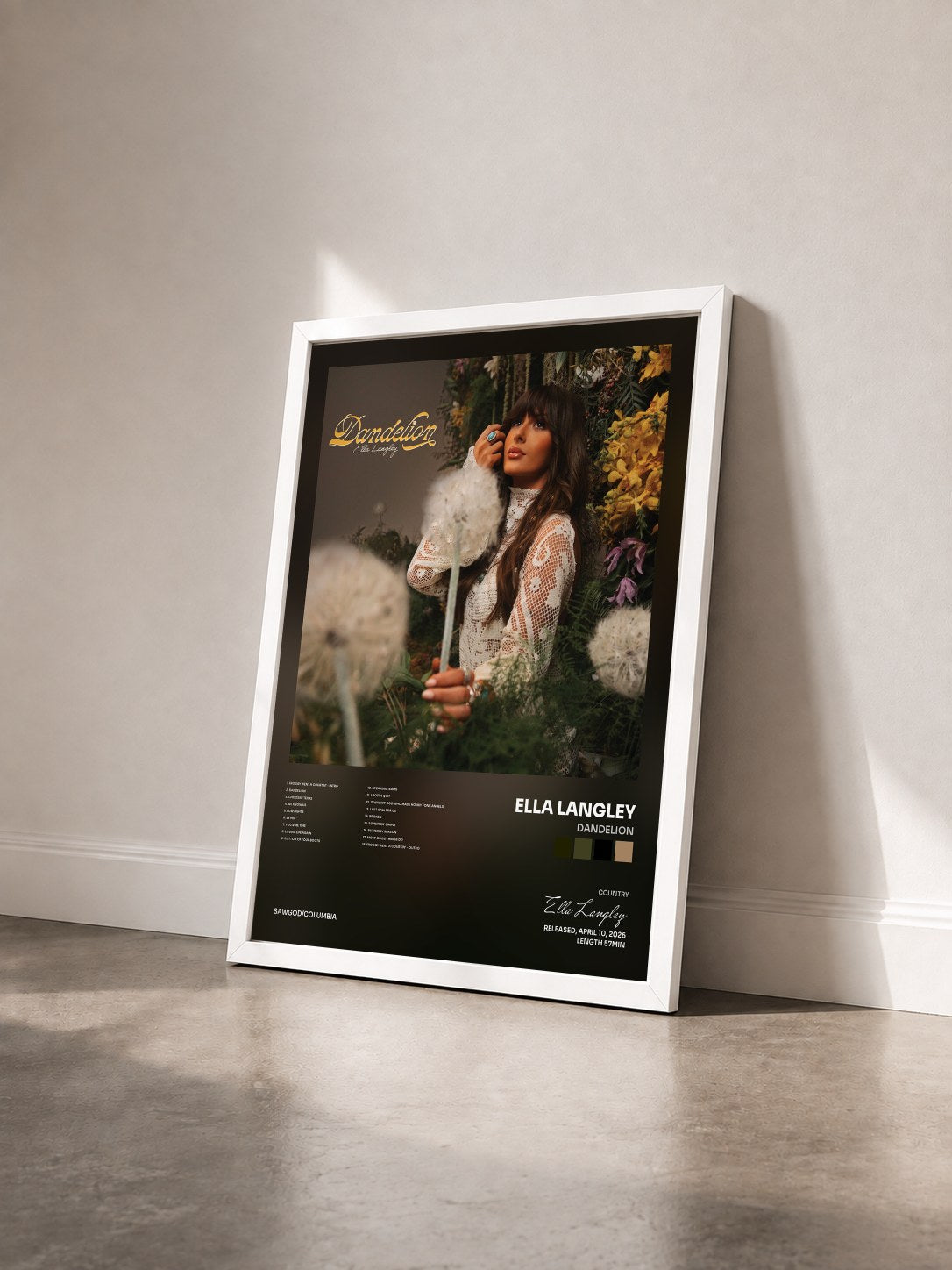 #blanc Tableau de l'album Dandelion de Ella Langley vu de trois quarts, cadre blanc