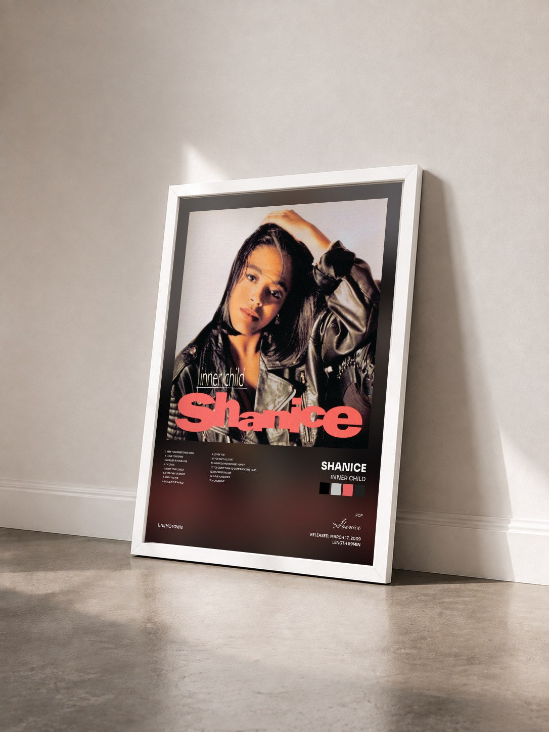 #blanc Tableau de l'album Inner Child de Shanice vu de trois quarts, cadre blanc