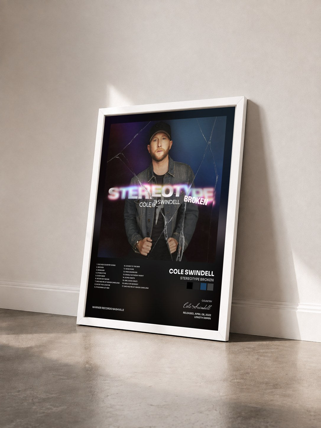 #blanc Tableau de l'album Stereotype Broken de Cole Swindell vu de trois quarts, cadre blanc