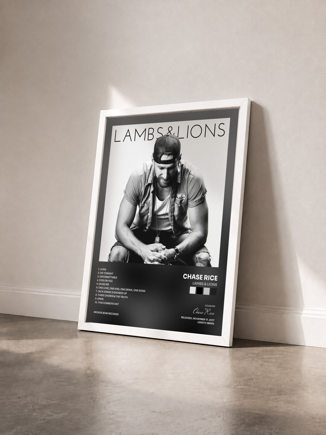 #blanc Tableau de l'album Lambs & Lions de Chase Rice vu de trois quarts, cadre blanc