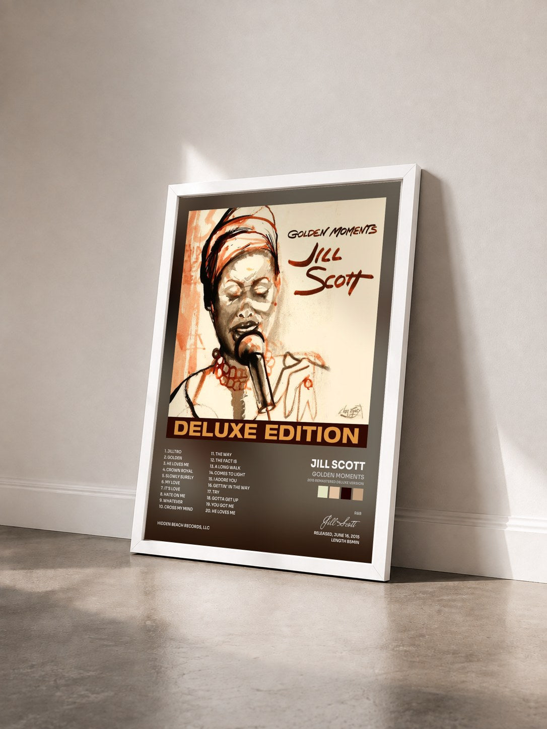 #blanc Tableau de l'album Golden Moments (2015 Remastered Deluxe Version) de Jill Scott vu de trois quarts, cadre blanc