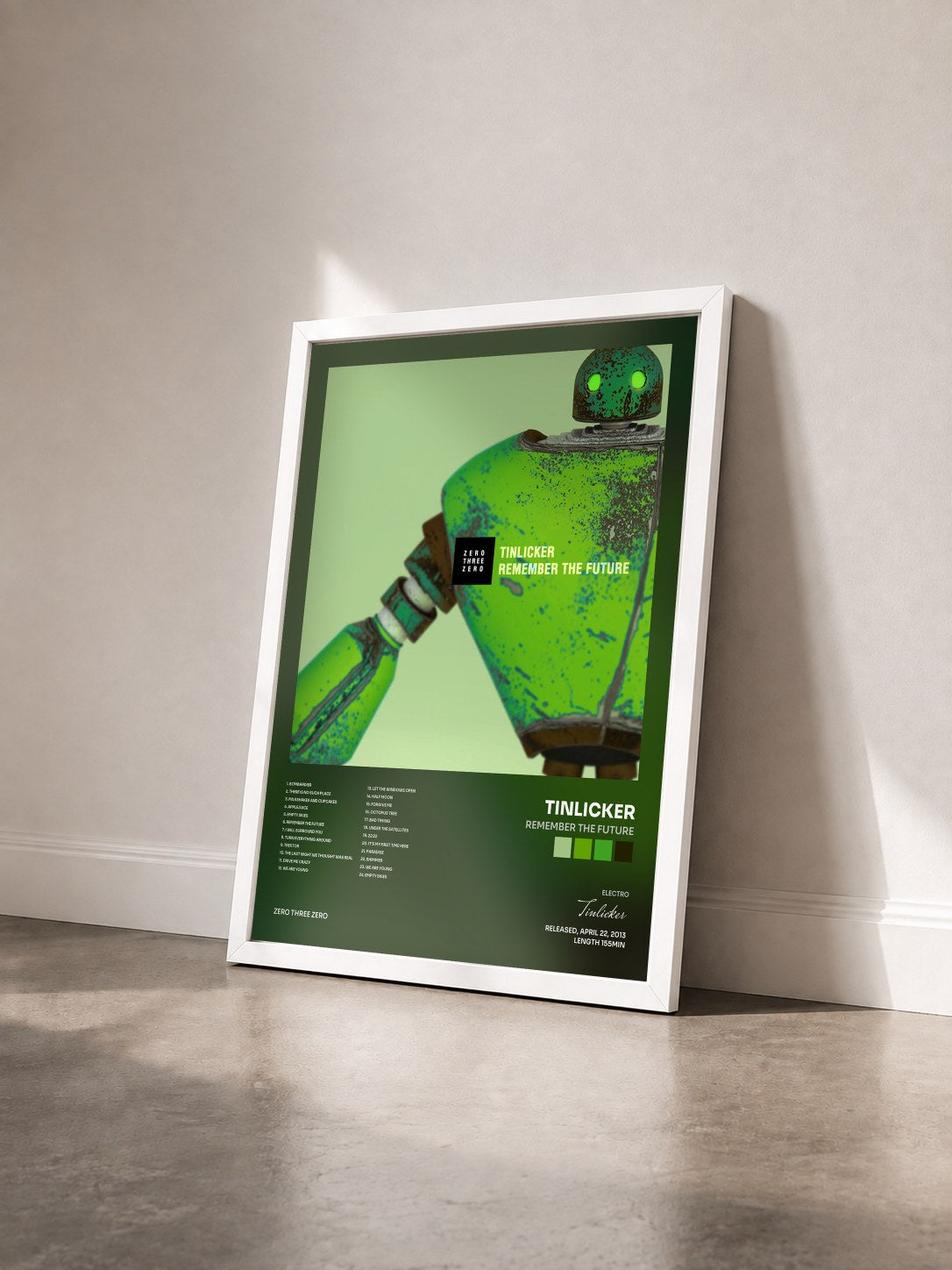 #blanc Tableau de l'album Remember the Future de Tinlicker vu de trois quarts, cadre blanc