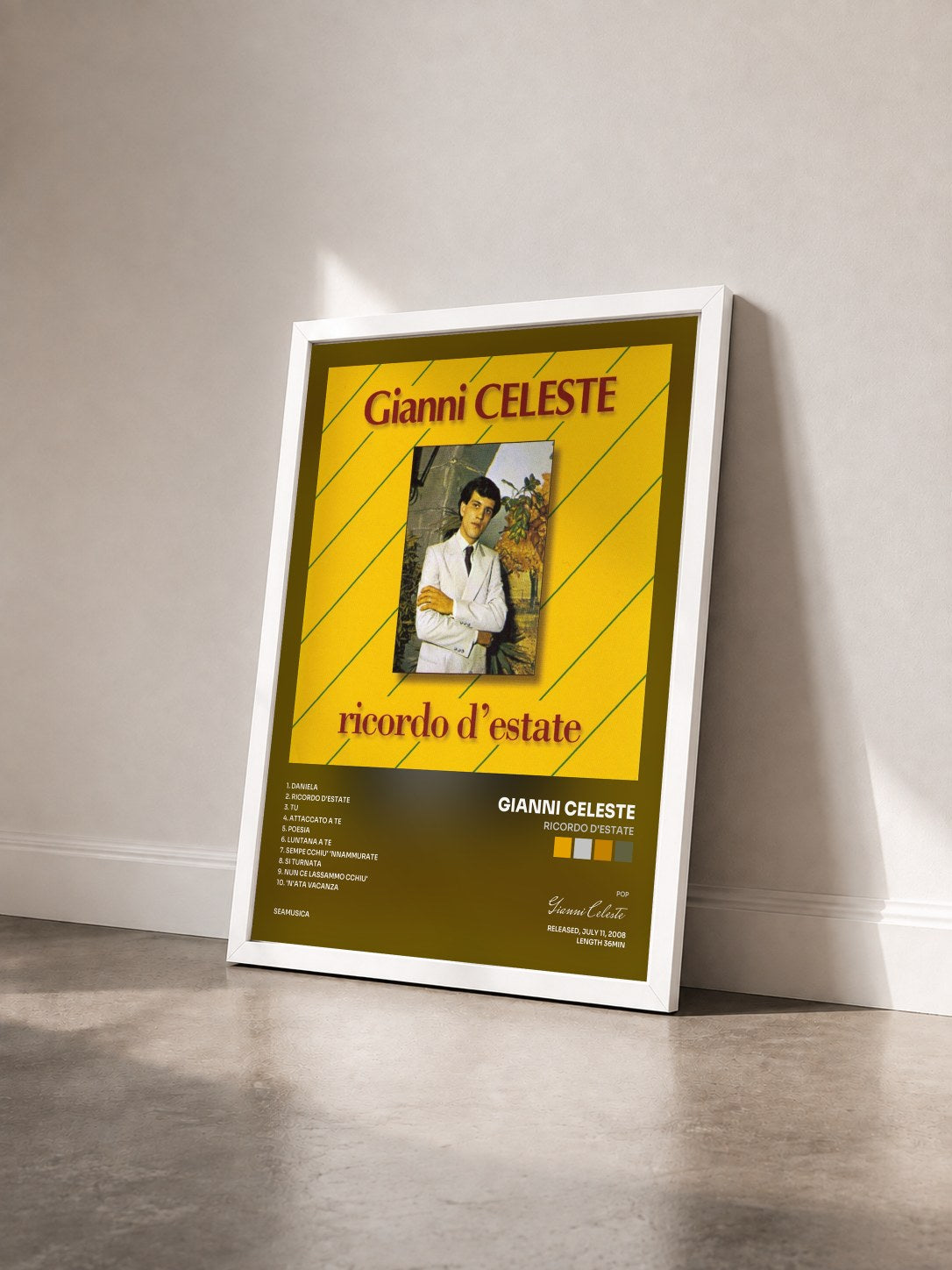 #blanc Tableau de l'album Ricordo D'Estate de Gianni Celeste vu de trois quarts, cadre blanc