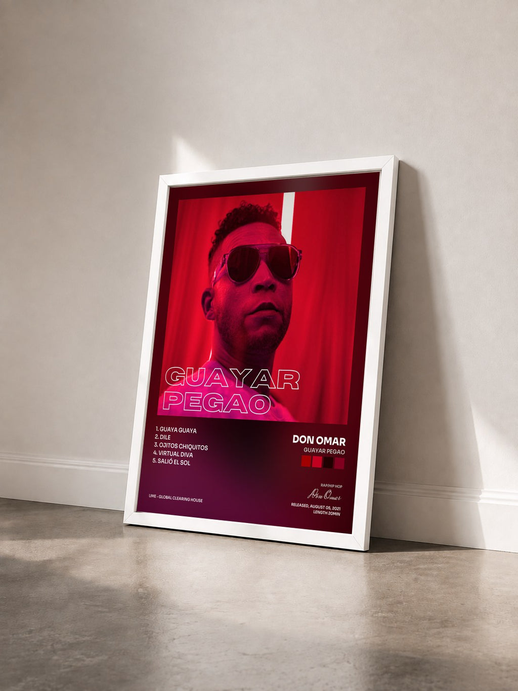 #blanc Tableau de l'album Guayar Pegao de Don Omar vu de trois quarts, cadre blanc