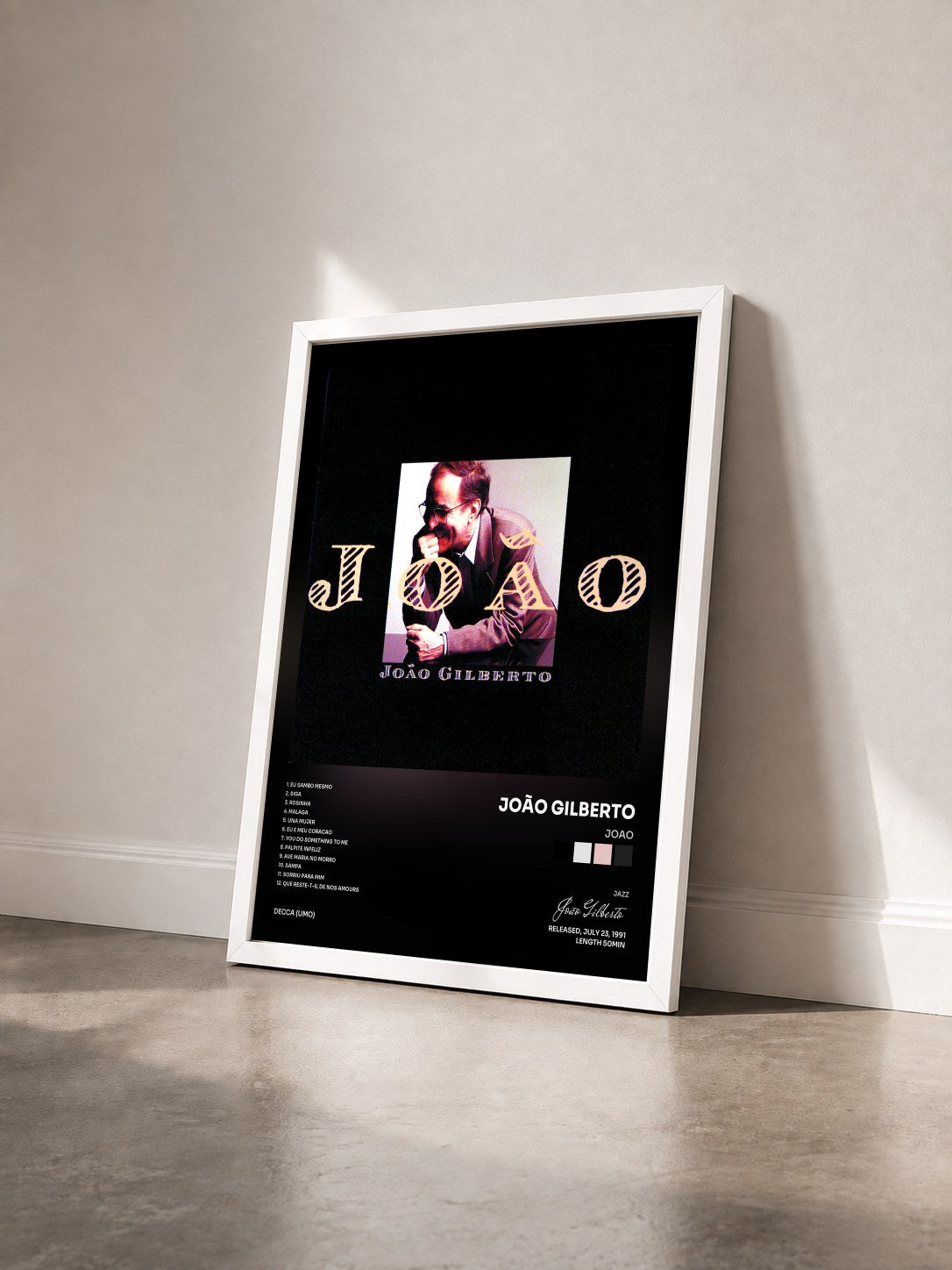 #blanc Tableau de l'album Joao de João Gilberto vu de trois quarts, cadre blanc