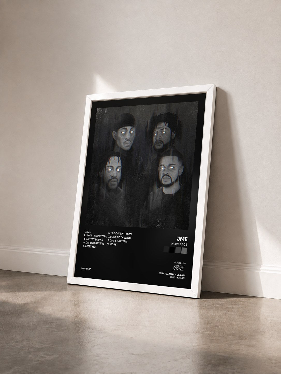 #blanc Tableau de l'album Norf Face de JME vu de trois quarts, cadre blanc