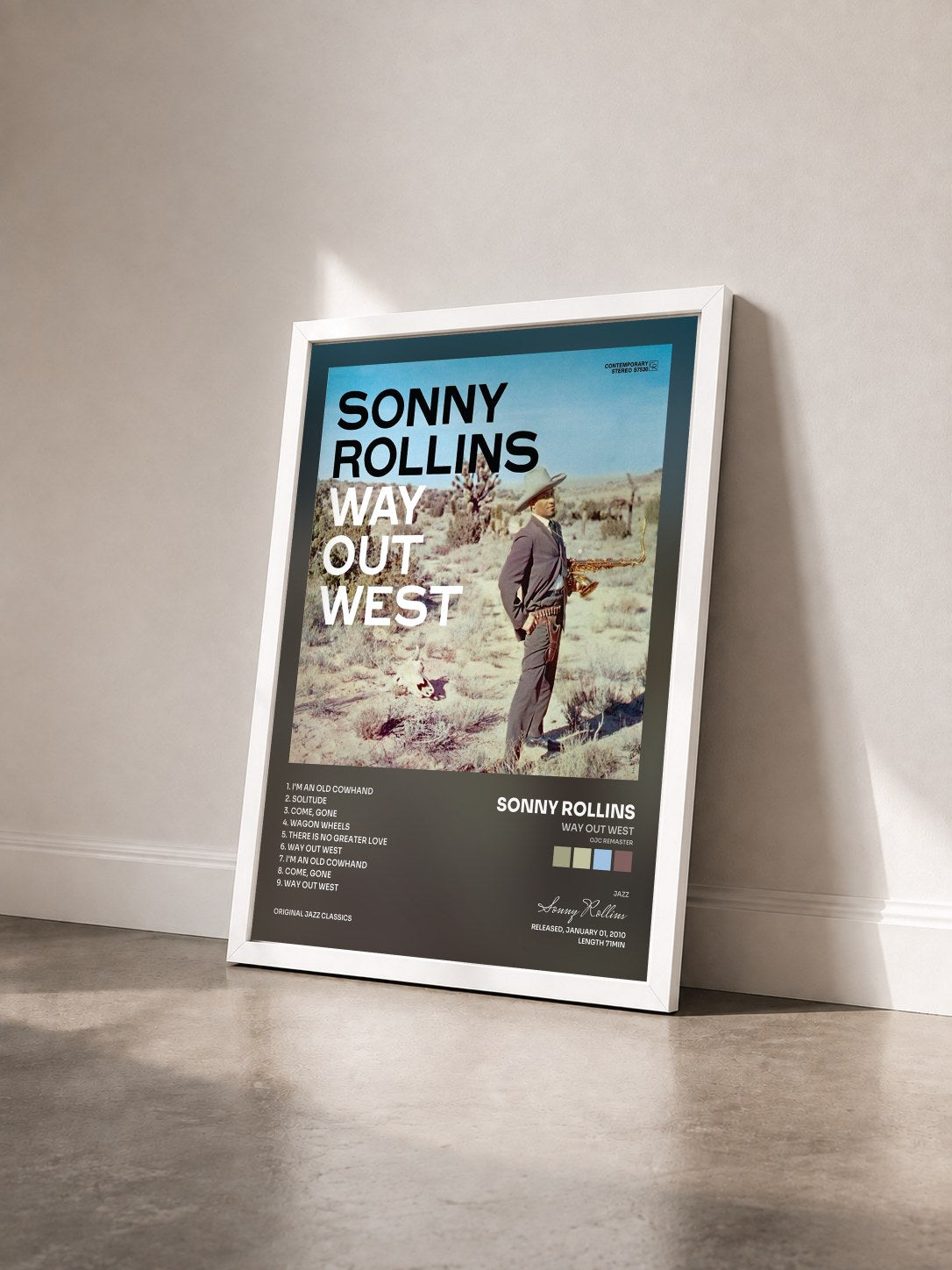 #blanc Tableau de l'album Way Out West (OJC Remaster) de Sonny Rollins vu de trois quarts, cadre blanc