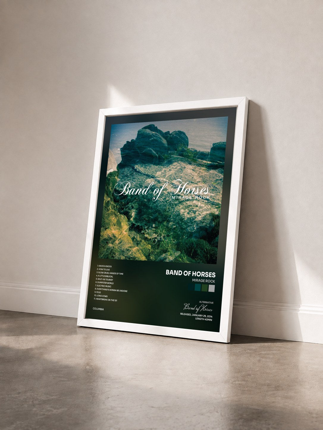 #blanc Tableau de l'album Mirage Rock de Band of Horses vu de trois quarts, cadre blanc