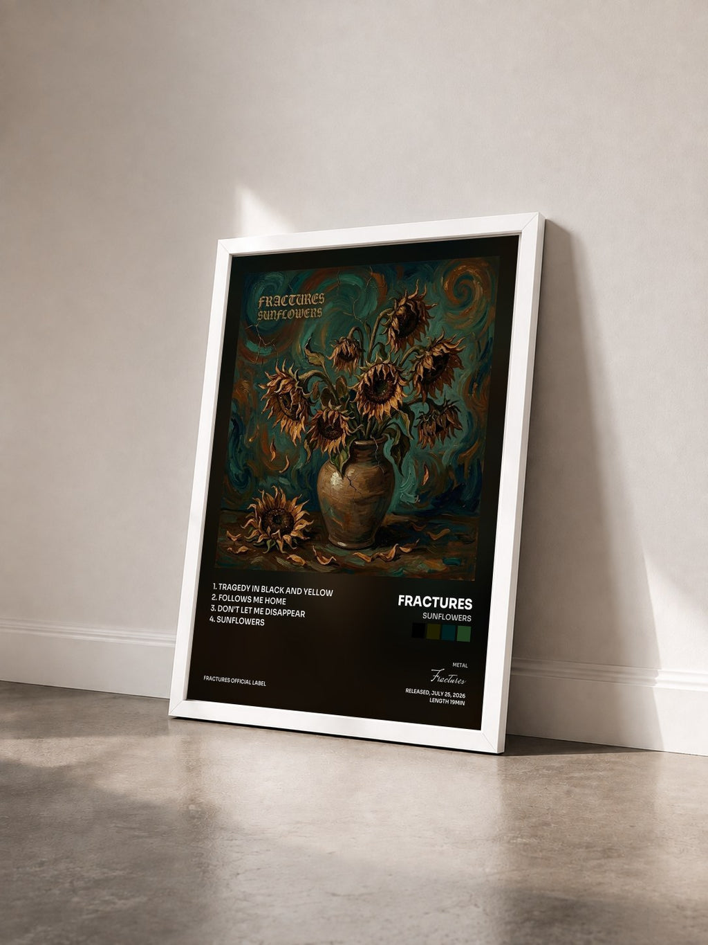 #blanc Sunflowers by Fractures as a framed art print seen at an angle, white frame