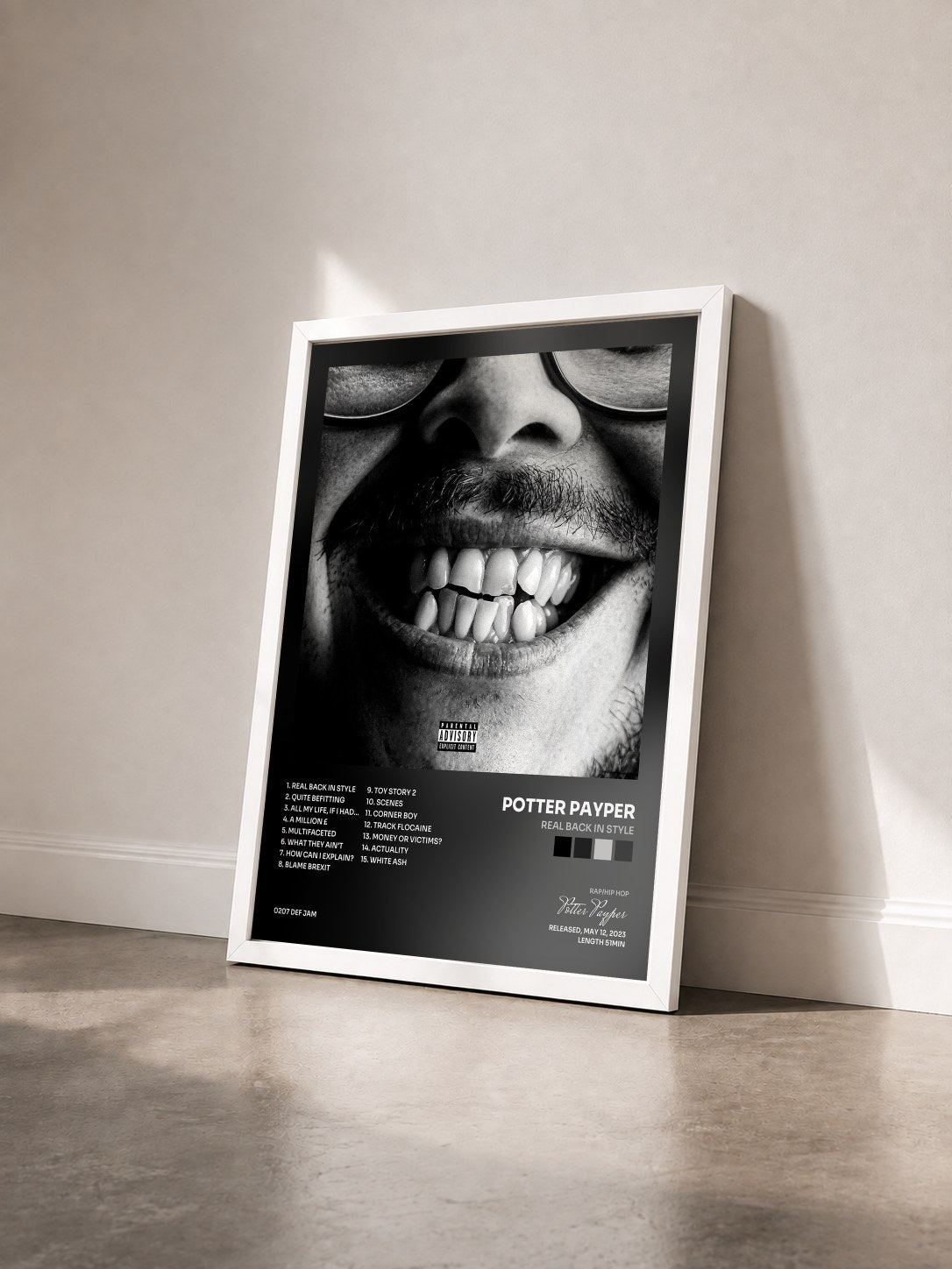 #blanc Tableau de l'album Real Back In Style de Potter Payper vu de trois quarts, cadre blanc