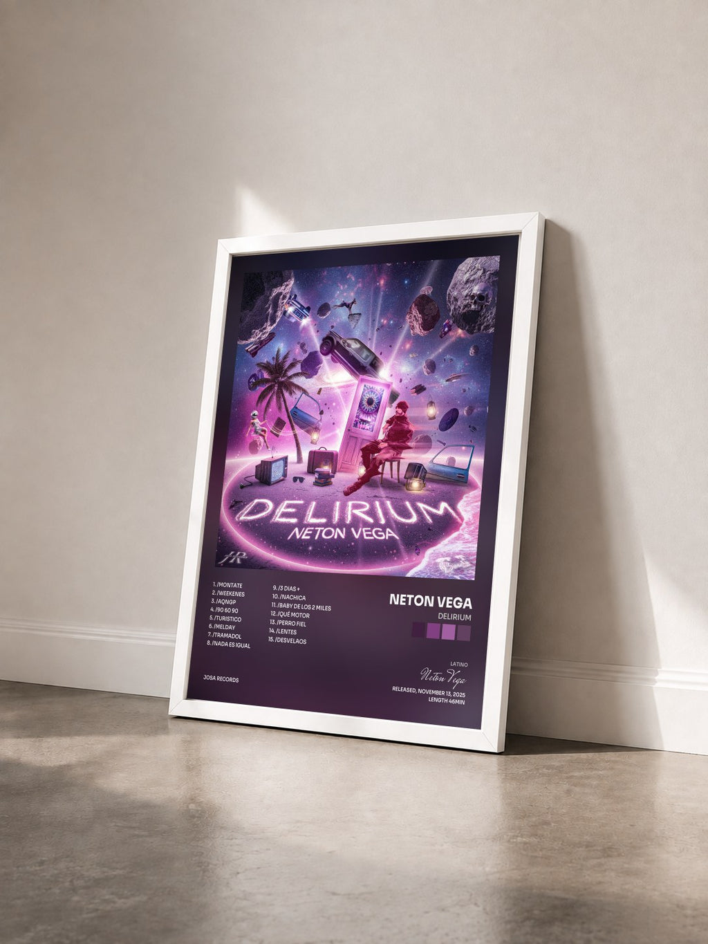 #blanc Tableau de l'album DELIRIUM de Neton Vega vu de trois quarts, cadre blanc