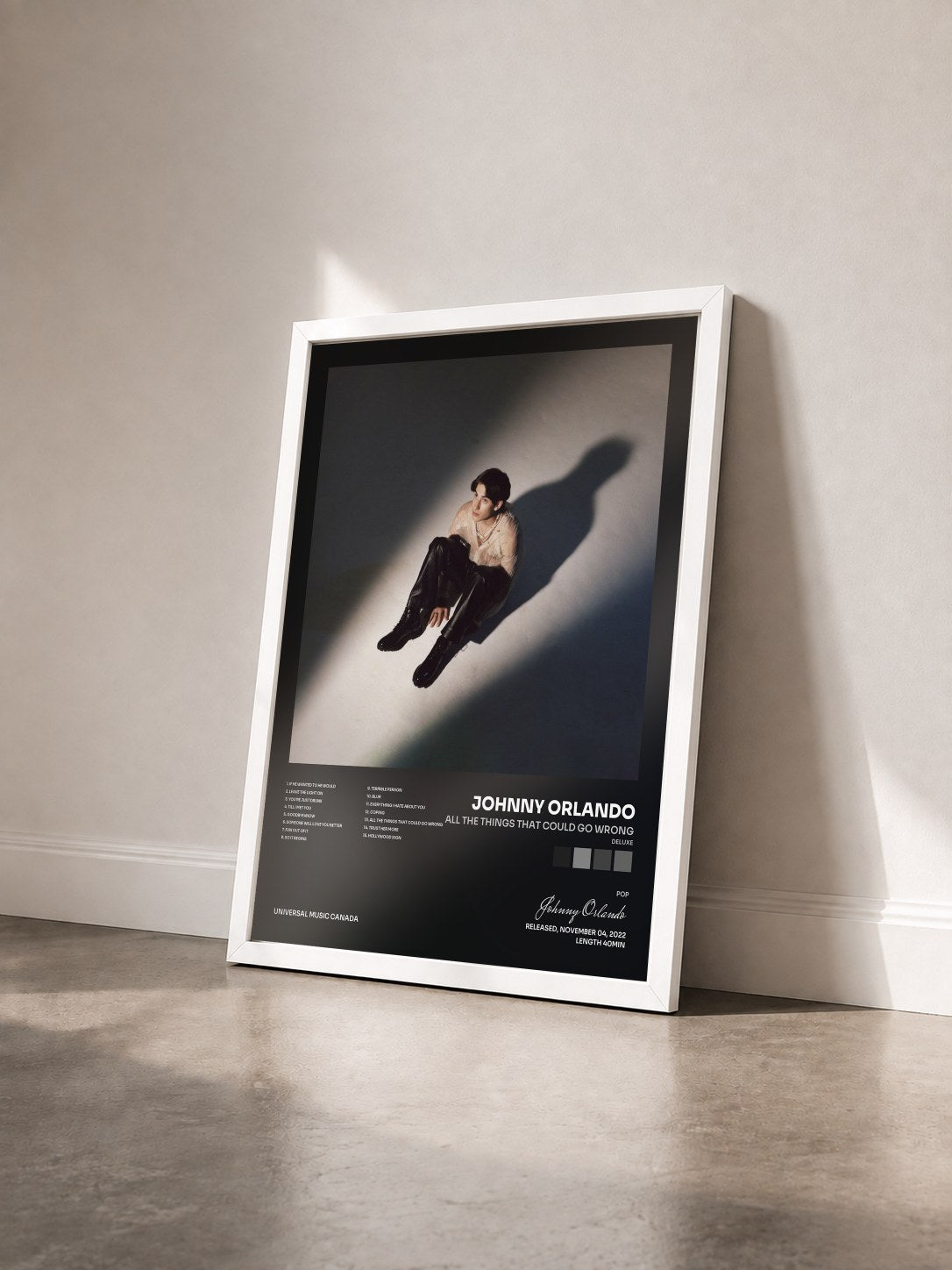 #blanc Tableau de l'album all the things that could go wrong (Deluxe) de Johnny Orlando vu de trois quarts, cadre blanc