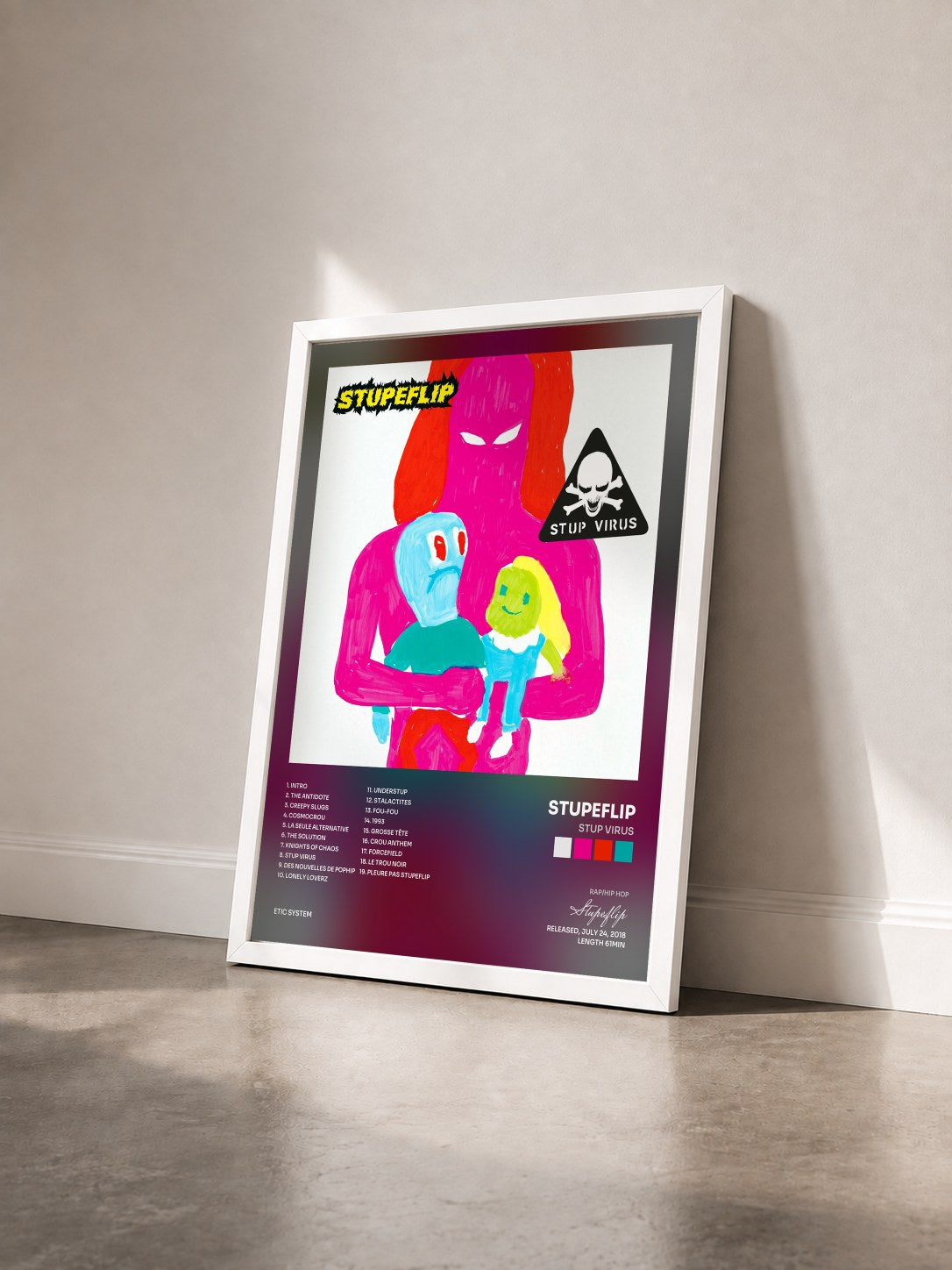 #blanc Tableau de l'album Stup Virus de Stupeflip vu de trois quarts, cadre blanc