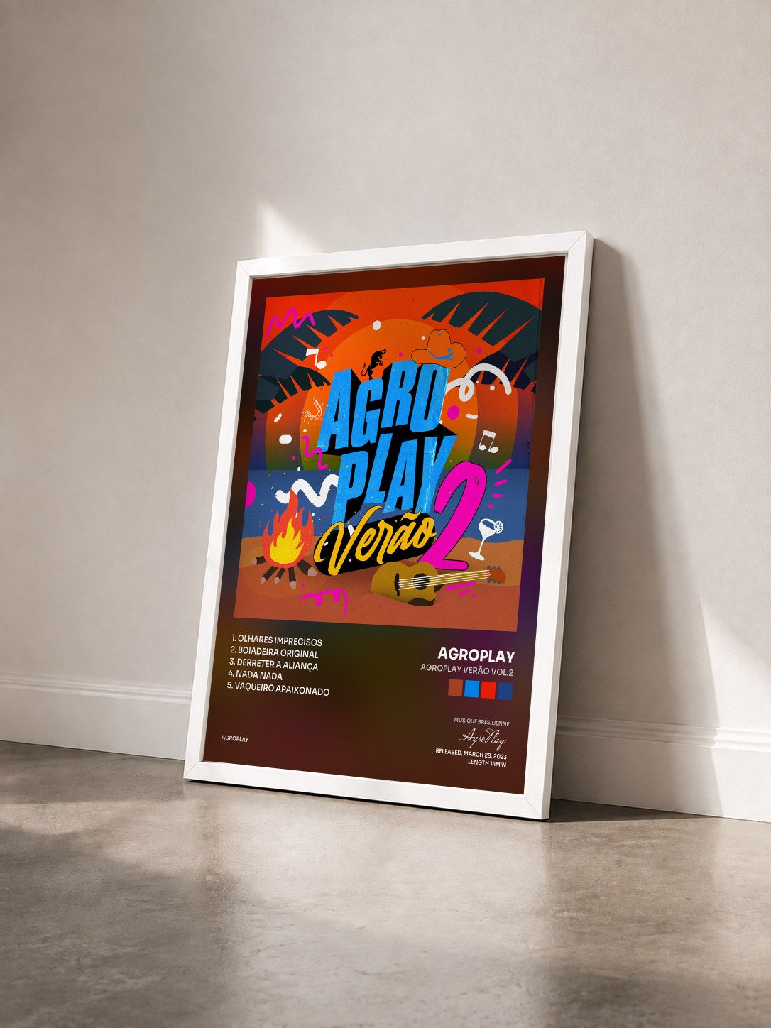 #blanc Tableau de l'album AgroPlay Verão Vol.2 de AgroPlay vu de trois quarts, cadre blanc