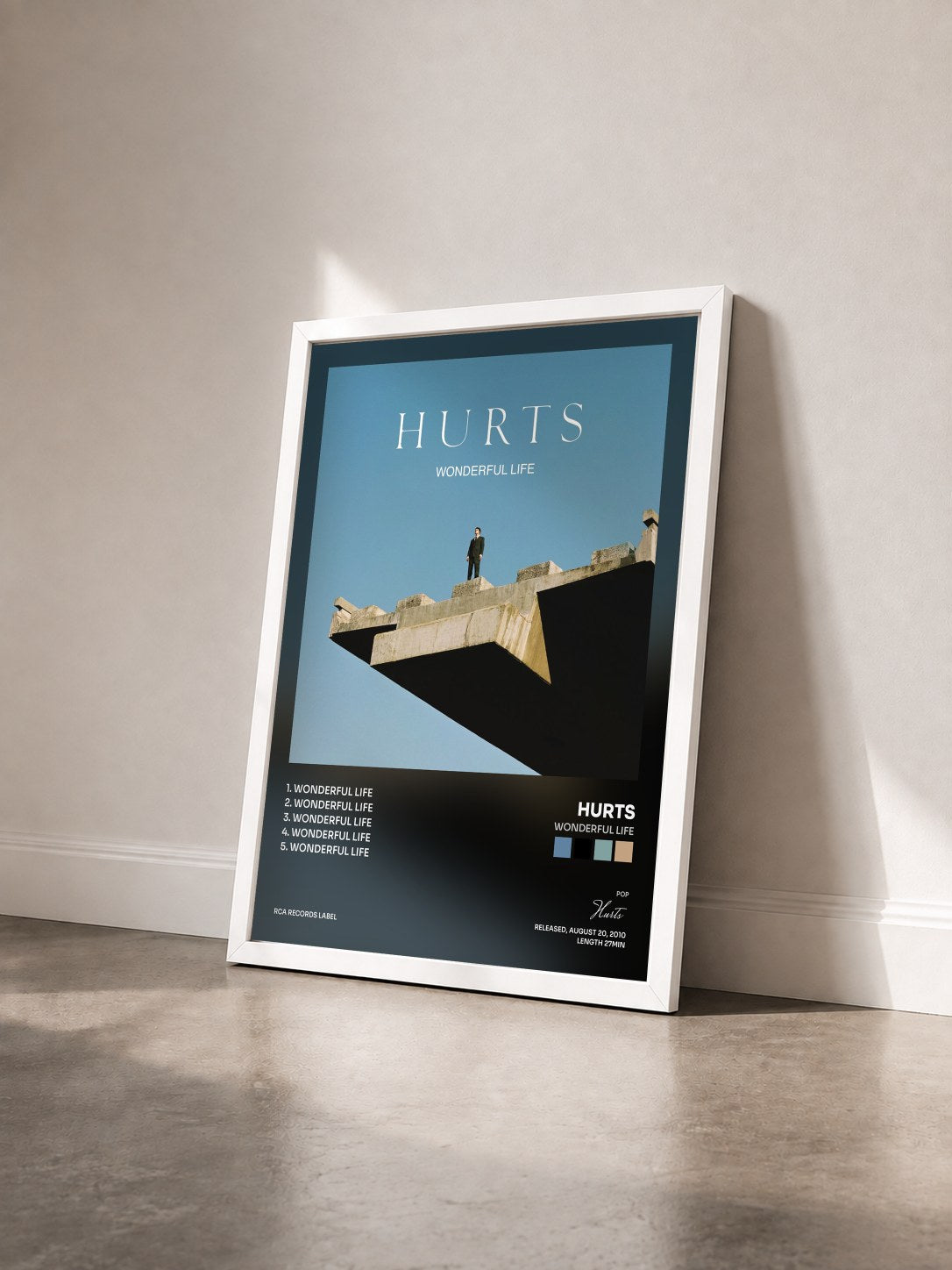 #blanc Tableau de l'album Wonderful Life de Hurts vu de trois quarts, cadre blanc