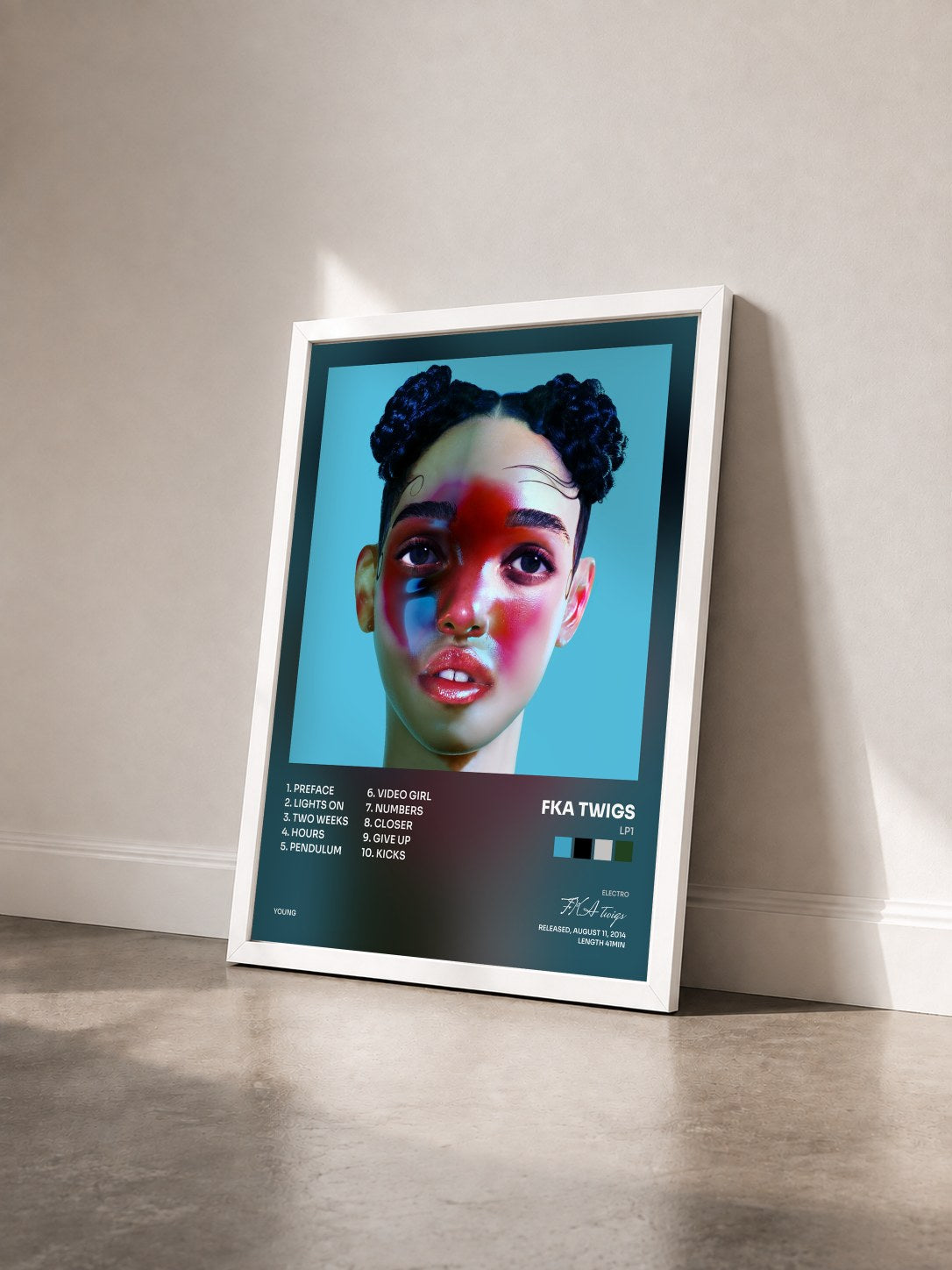 #blanc Tableau de l'album LP1 de FKA twigs vu de trois quarts, cadre blanc