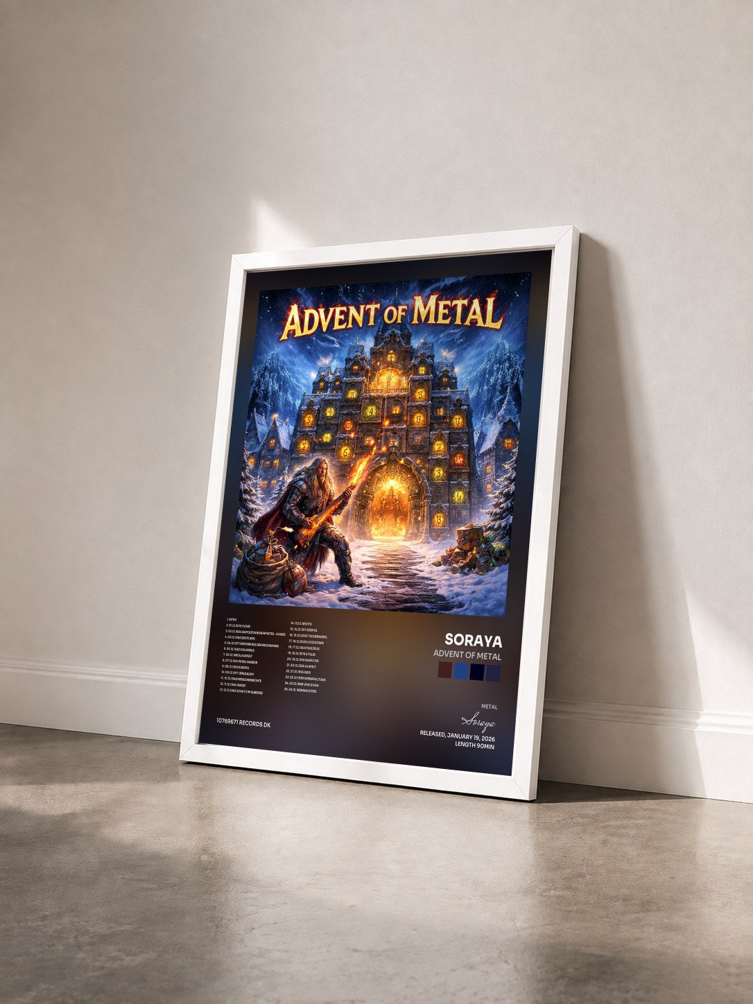#blanc Tableau de l'album Advent of Metal de Soraya vu de trois quarts, cadre blanc