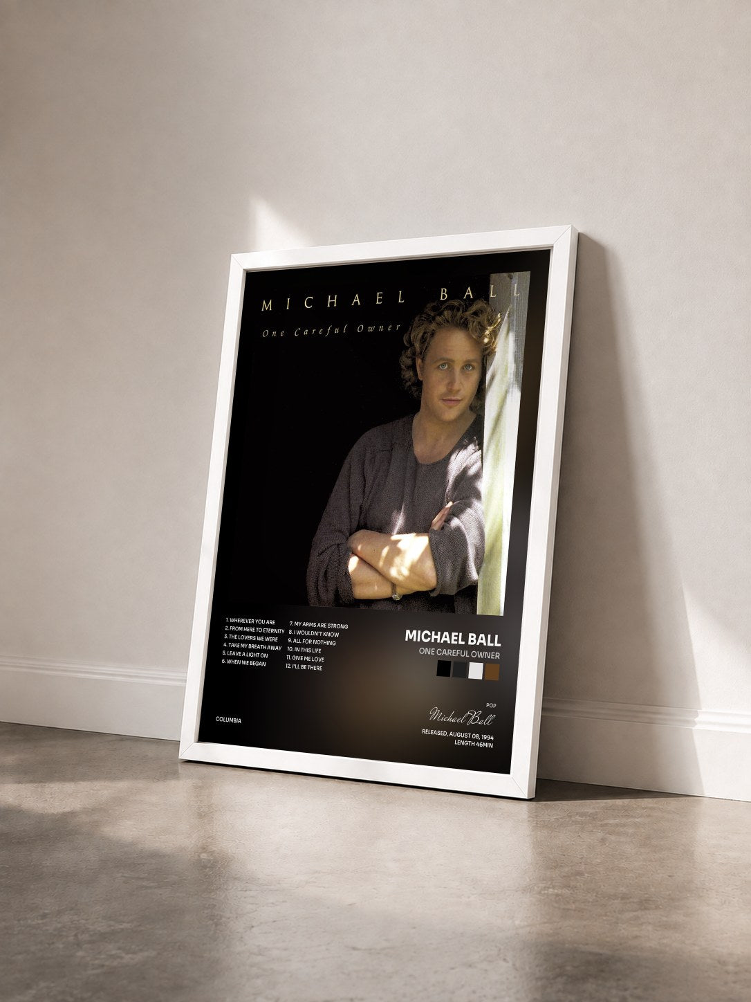 #blanc Tableau de l'album One Careful Owner de Michael Ball vu de trois quarts, cadre blanc