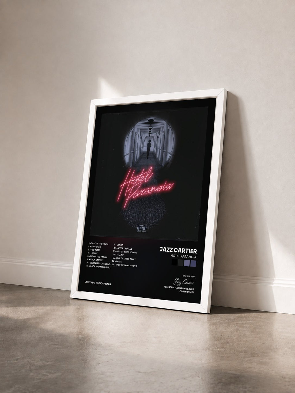 #blanc Tableau de l'album Hotel Paranoia de Jazz Cartier vu de trois quarts, cadre blanc