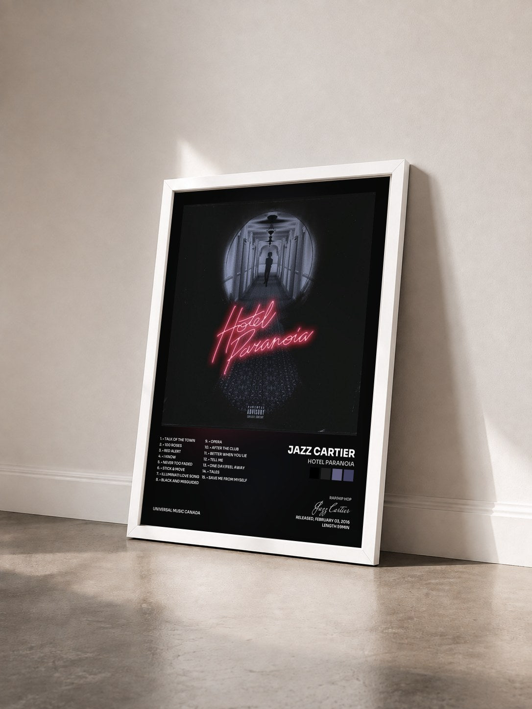 #blanc Tableau de l'album Hotel Paranoia de Jazz Cartier vu de trois quarts, cadre blanc