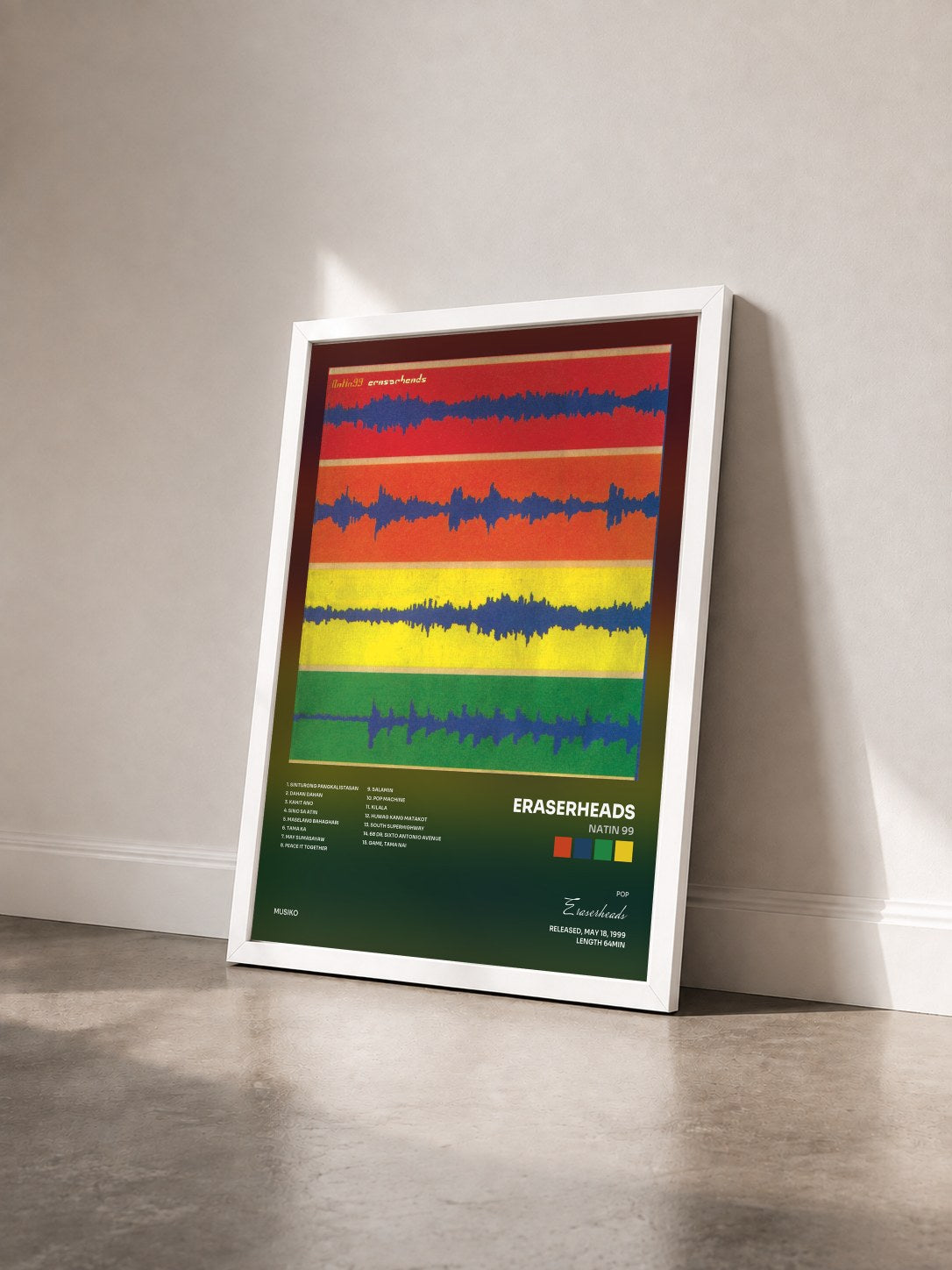 #blanc Tableau de l'album Natin 99 de Eraserheads vu de trois quarts, cadre blanc
