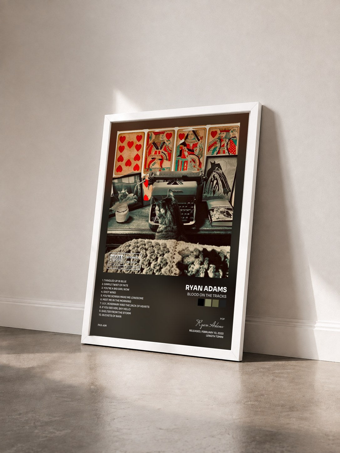 #blanc Tableau de l'album Blood on the Tracks de Ryan Adams vu de trois quarts, cadre blanc