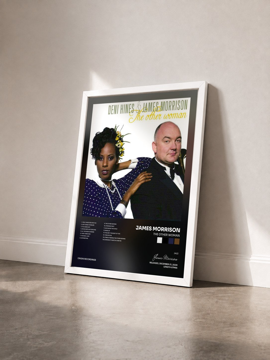 #blanc Tableau de l'album The Other Woman de James Morrison vu de trois quarts, cadre blanc