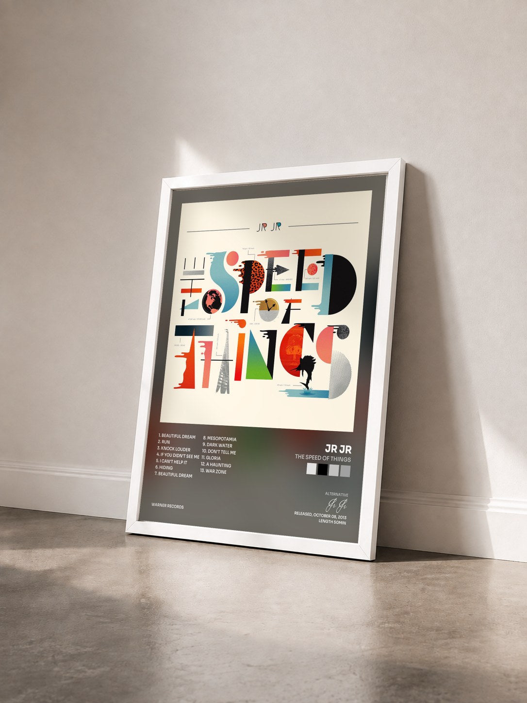 #blanc Tableau de l'album The Speed of Things de Jr Jr vu de trois quarts, cadre blanc