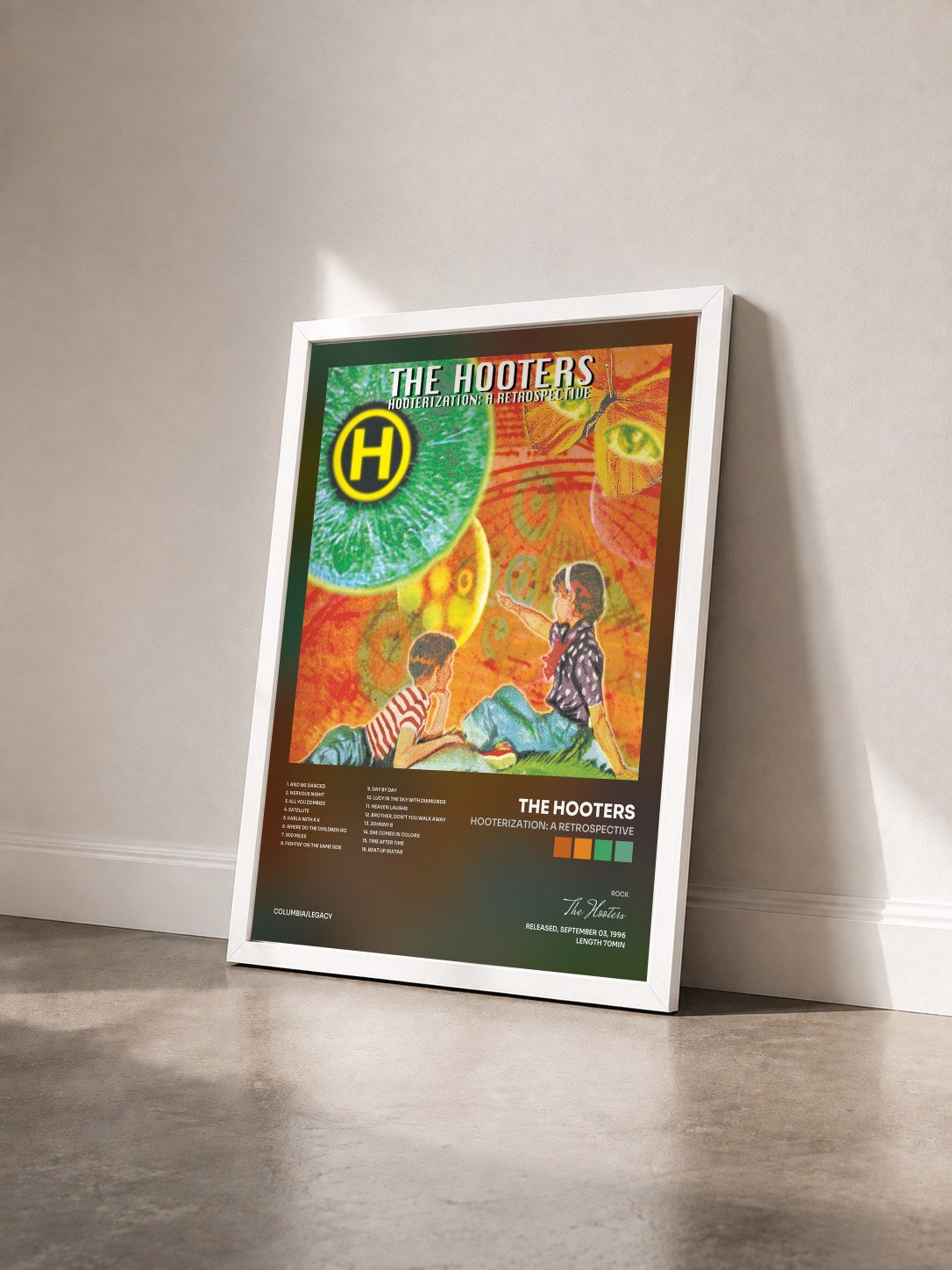 #blanc Tableau de l'album Hooterization: A Retrospective de The Hooters vu de trois quarts, cadre blanc