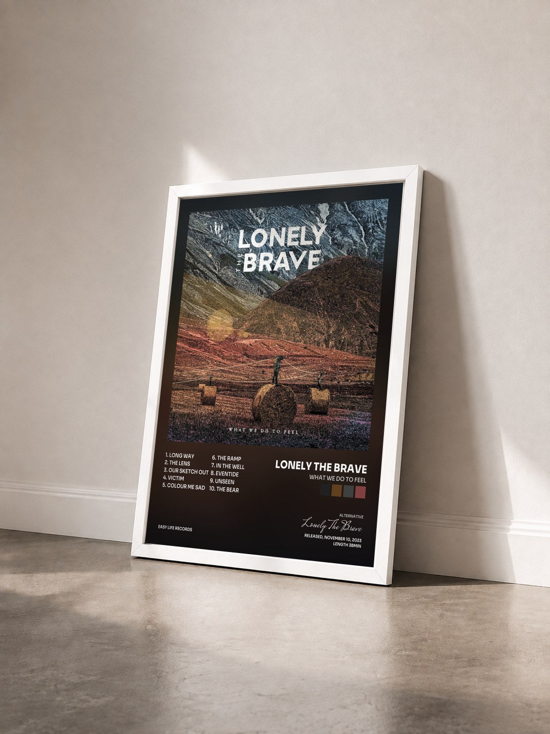 #blanc Tableau de l'album What We Do To Feel de Lonely The Brave vu de trois quarts, cadre blanc
