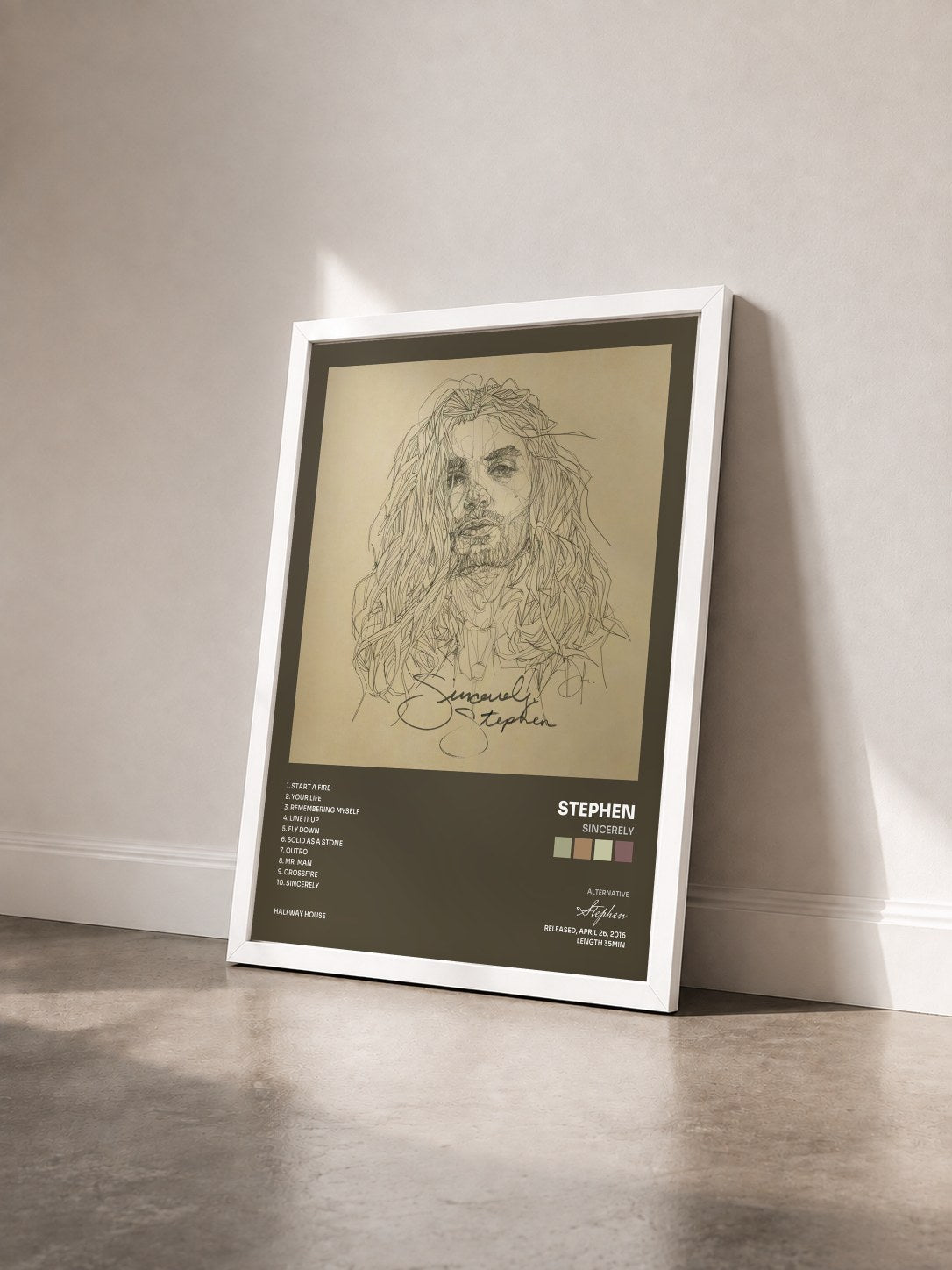#blanc Tableau de l'album Sincerely de Stephen vu de trois quarts, cadre blanc