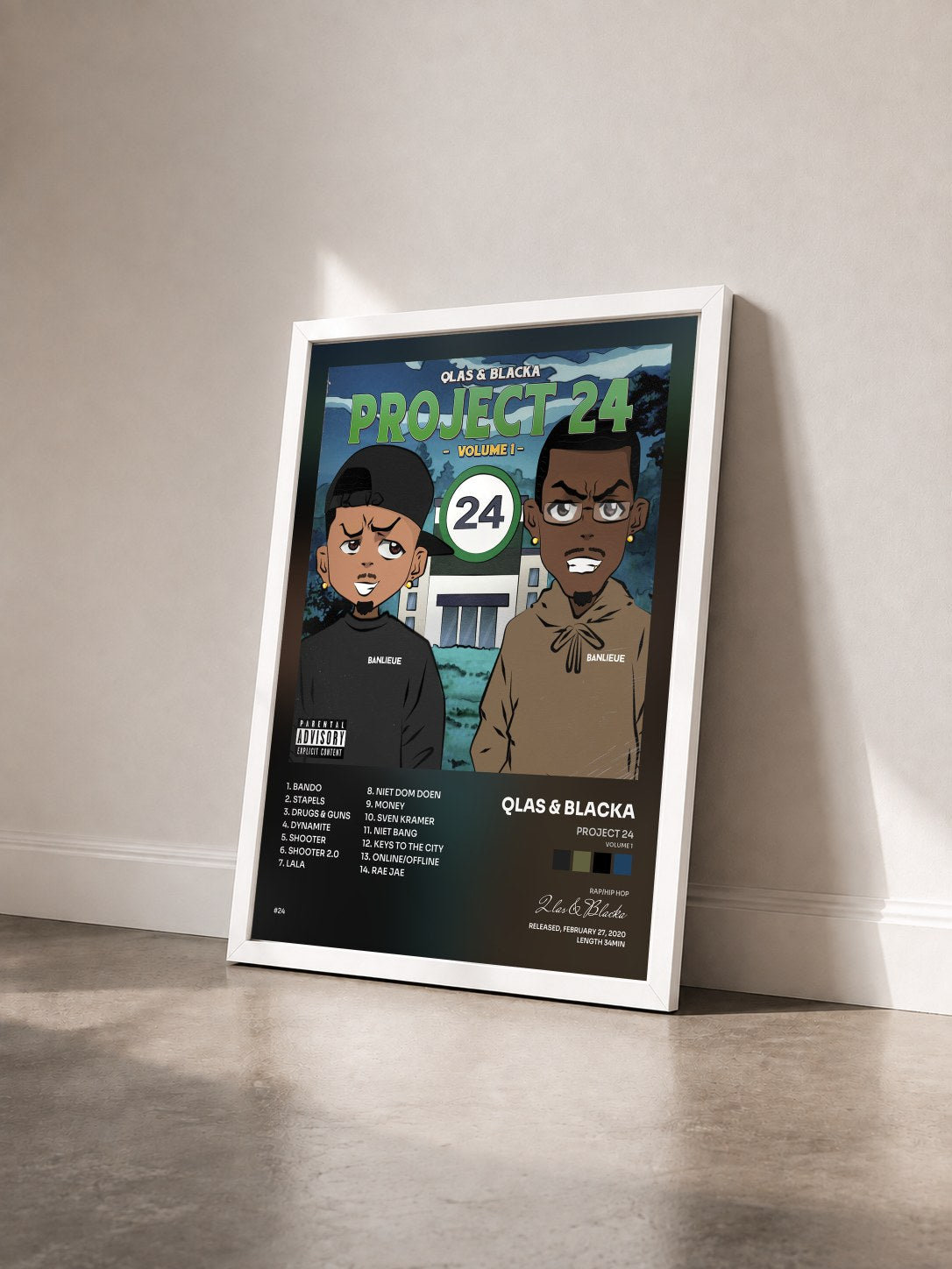 #blanc Tableau de l'album Project 24 (Volume 1) de Qlas & Blacka vu de trois quarts, cadre blanc