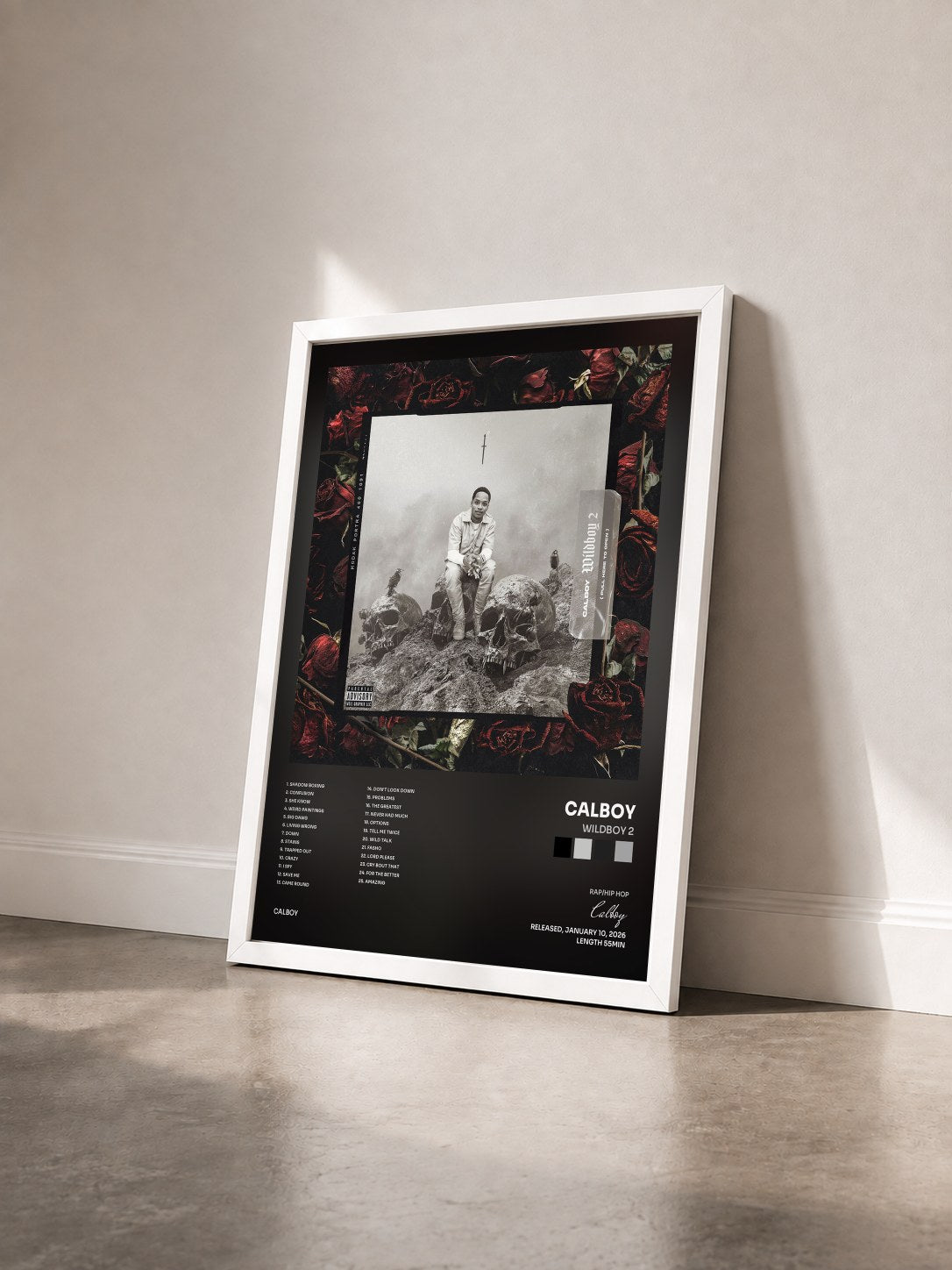 #blanc Tableau de l'album Wildboy 2 de Calboy vu de trois quarts, cadre blanc