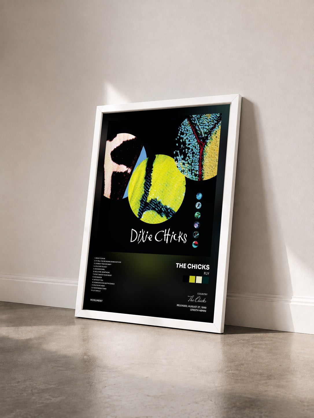 #blanc Tableau de l'album Fly de The Chicks vu de trois quarts, cadre blanc