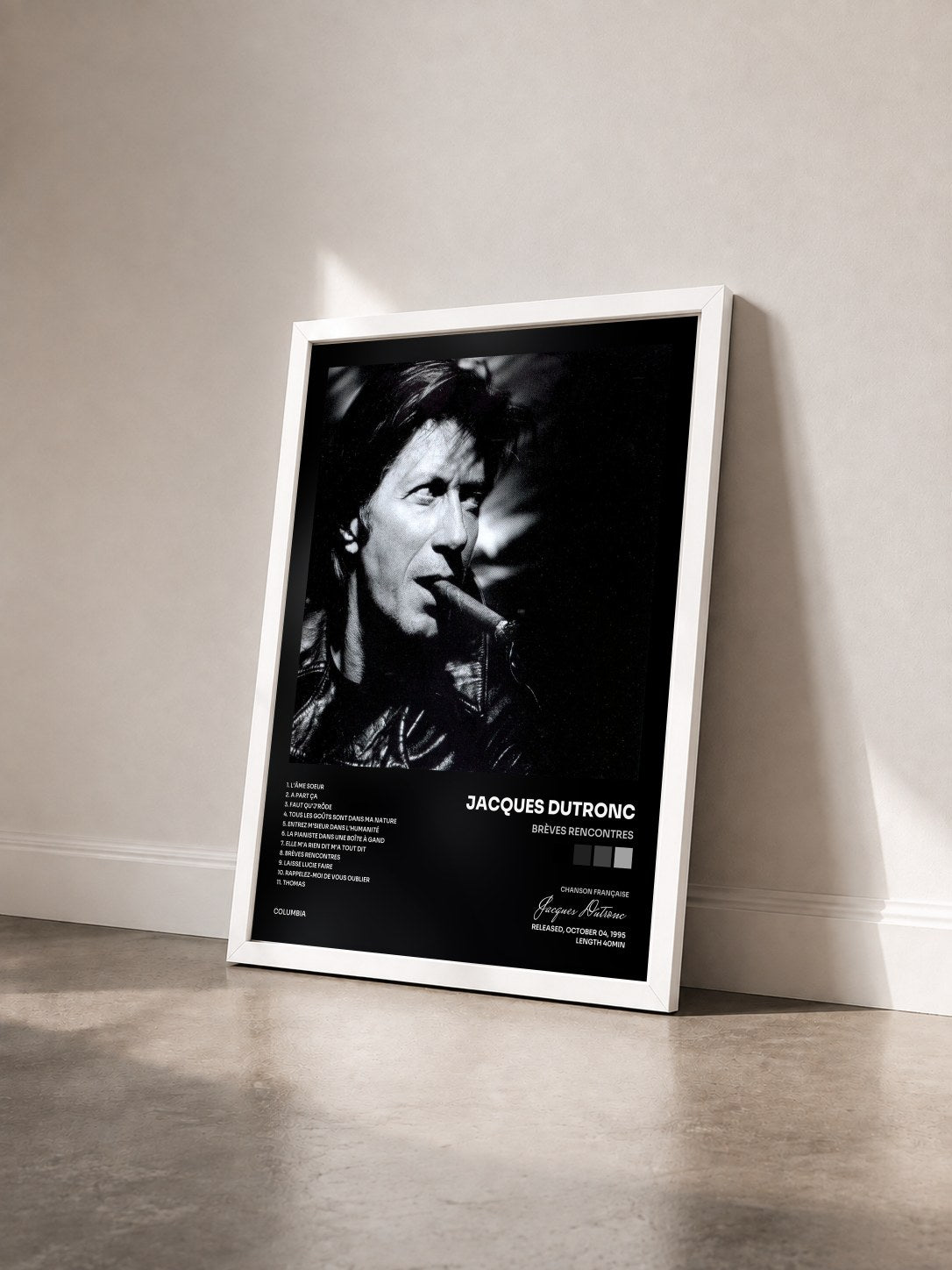 #blanc Tableau de l'album Brèves rencontres de Jacques Dutronc vu de trois quarts, cadre blanc